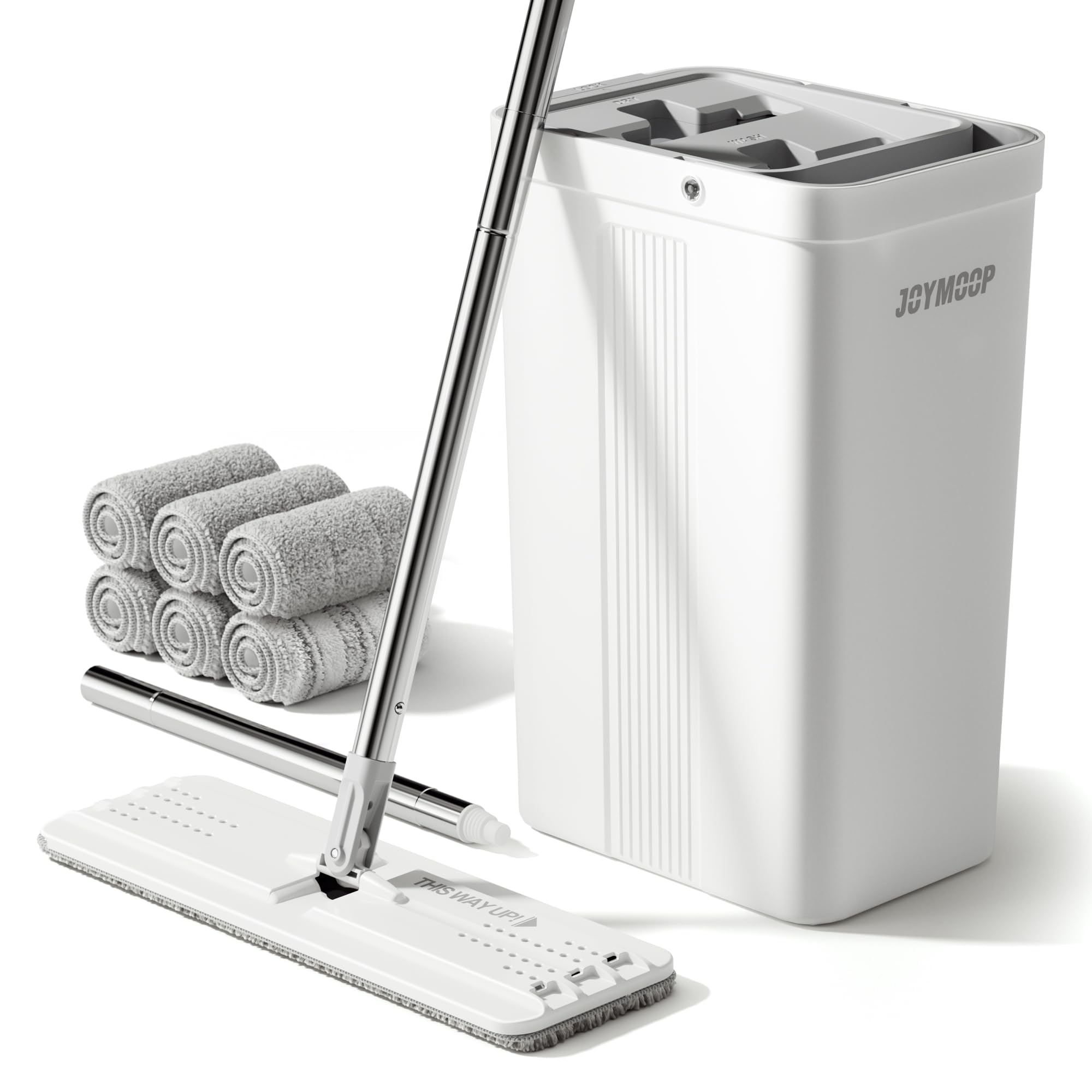 JOYMOOP モップとバケツセット 手動絞り機能付き フラットフロアモップ 壁掃除にも使えるロングハンドル 6枚マイクロファイバーパッド付き 床拭きに最適 フローリング対応