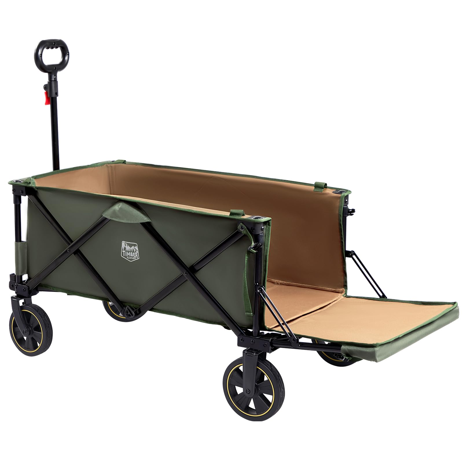 TIMBER RIDGE アウトドアワゴン 折り畳み 長物対応 ワンタッチ収束式 耐荷重100kg 自立収納 大容量130L+43L 収納ポケットつき キャリーワゴン アウトドアキャリー キャンプワゴン (グりーン)｜湖南オンライン