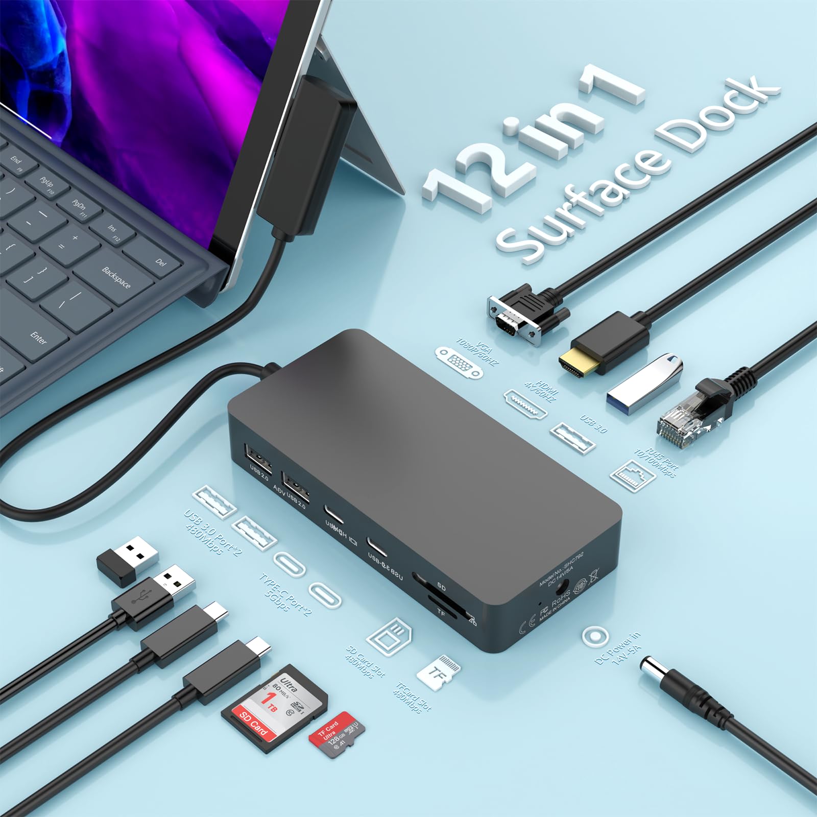 12 in 1 Microsoft Surface Dock, Surface Pro ドッキングステーション トリプルディスプレイ HDMI 4K VGA Microsoft Surface Hub アダプター 対応機種: Surface Pro 11/｜湖南オンライン 8,876円