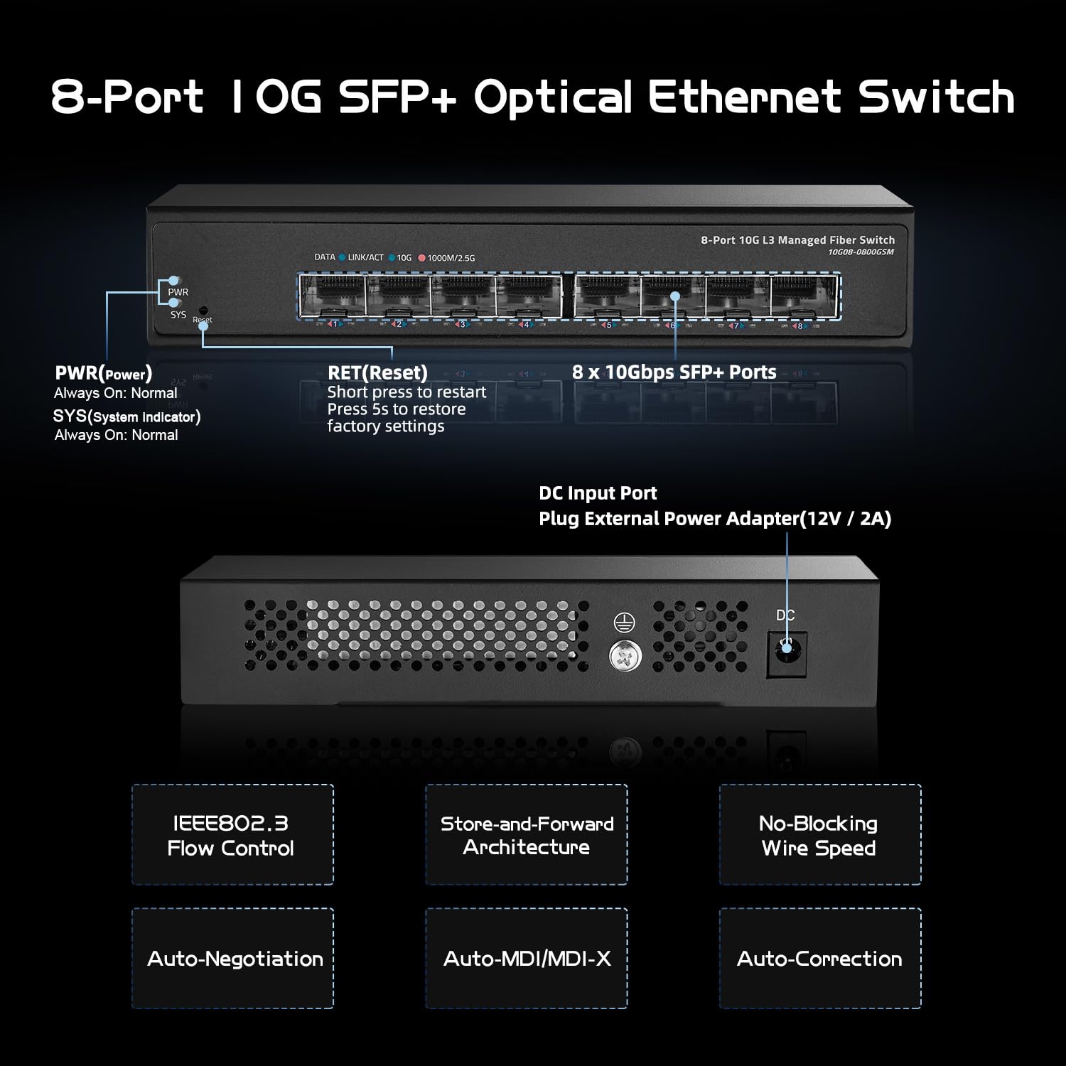 Binardat 8ポート 10ギガビット SFP+ マネージドスイッチ 1G/10G SFP+モジュール対応 160Gbps帯域幅 Web/CLI L3管理 メタルファンレスファイバーデスクトップネットワークスイッチ｜湖南オンライン