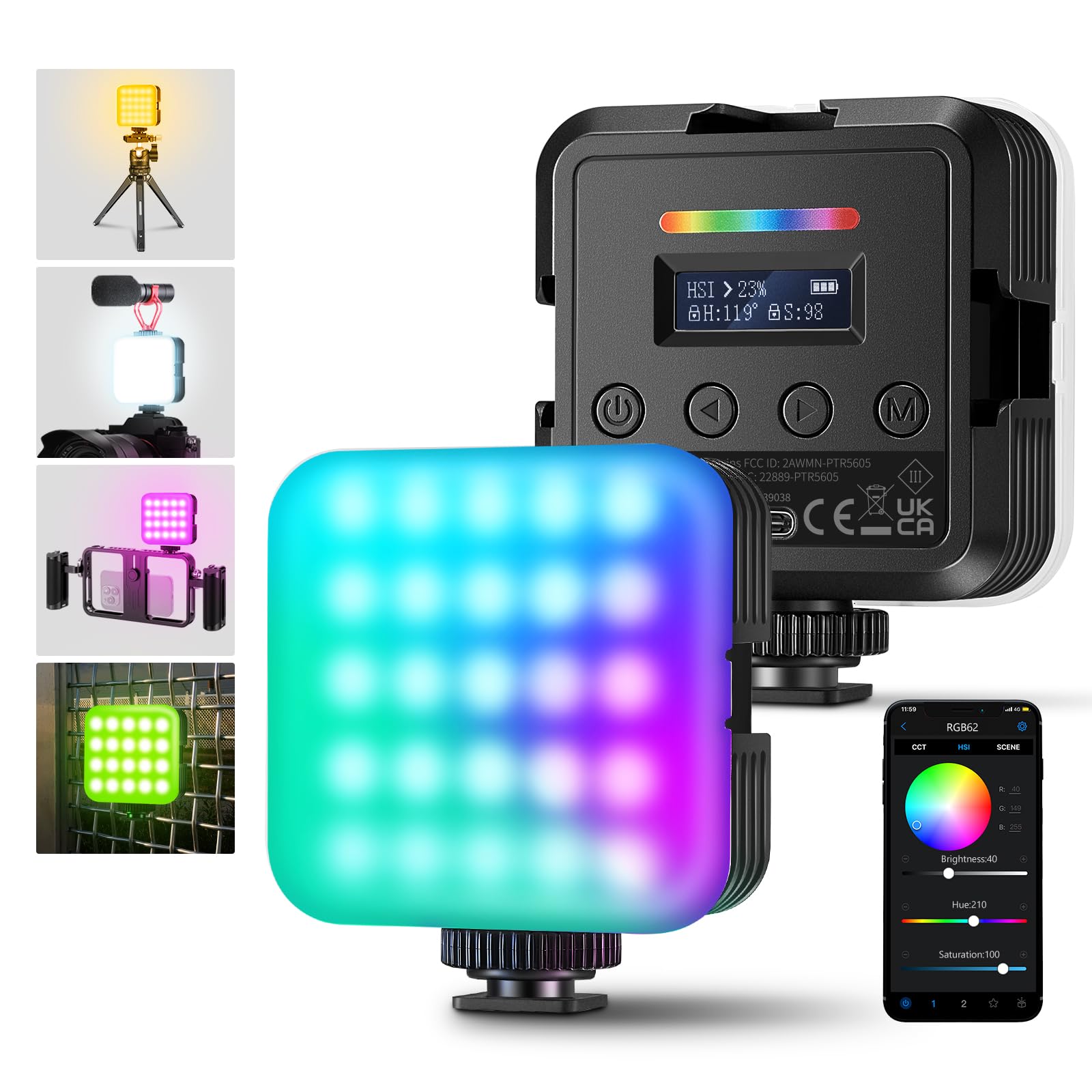 NEEWER 2個入り RGB62 マグネット式ビデオライト RGB撮影ライト APP制御 360°フルカラー LEDカメラライト CRI97+高演色 2500K-8500K調光可能 17種シーンモード 2000mAh充電式バッテリー内蔵 小型 ポータブル
