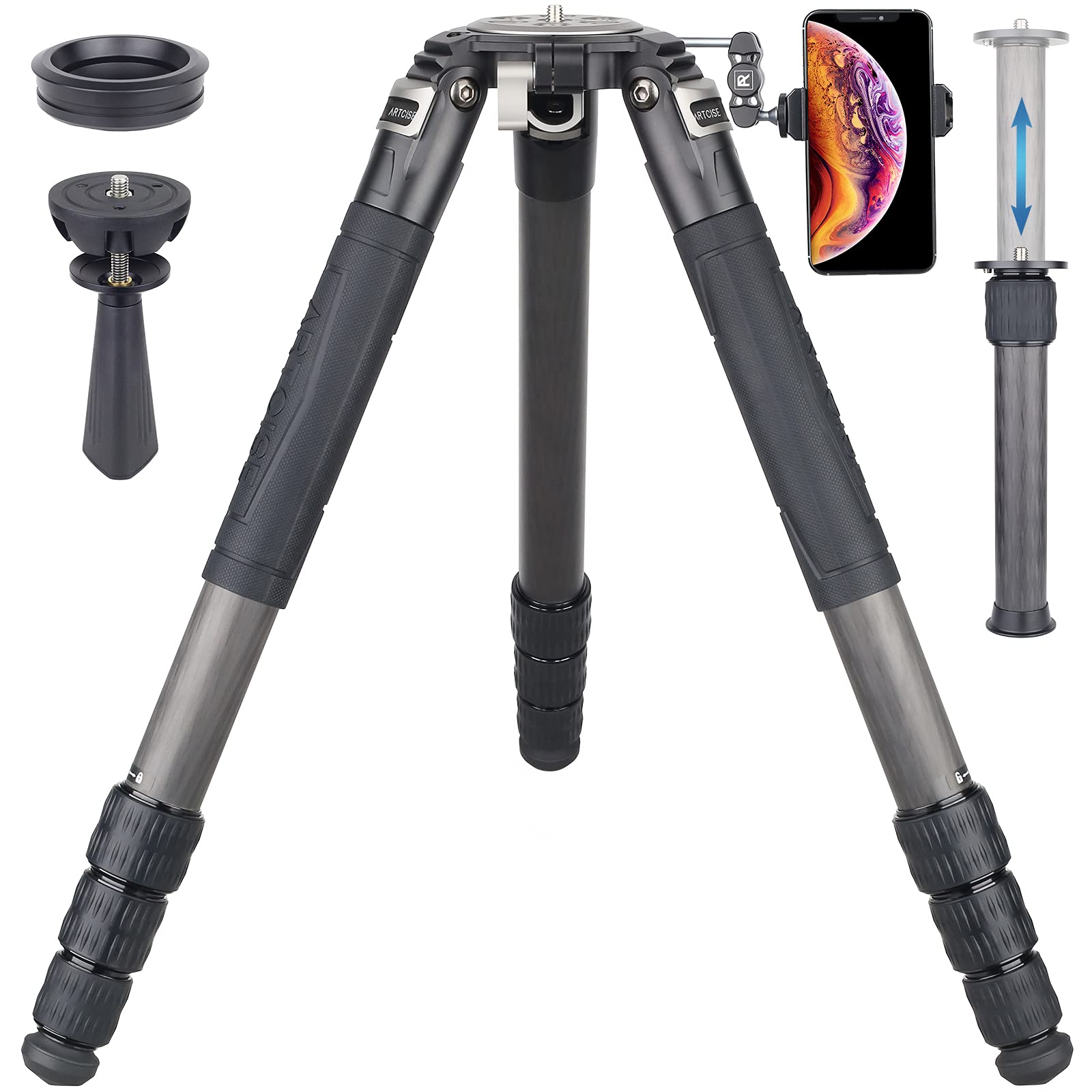 超大型カーボン 三脚 40mm直径カーボンファイバートラベル三脚 ARTCISE 2021デザイン 全高2060mm 超高耐荷重40kg以上 4段 ナットロック式 中心軸付き プロフェッショナルレベル撮影機械 多場景適用 カメラビデオ三脚 デジタルカメラ