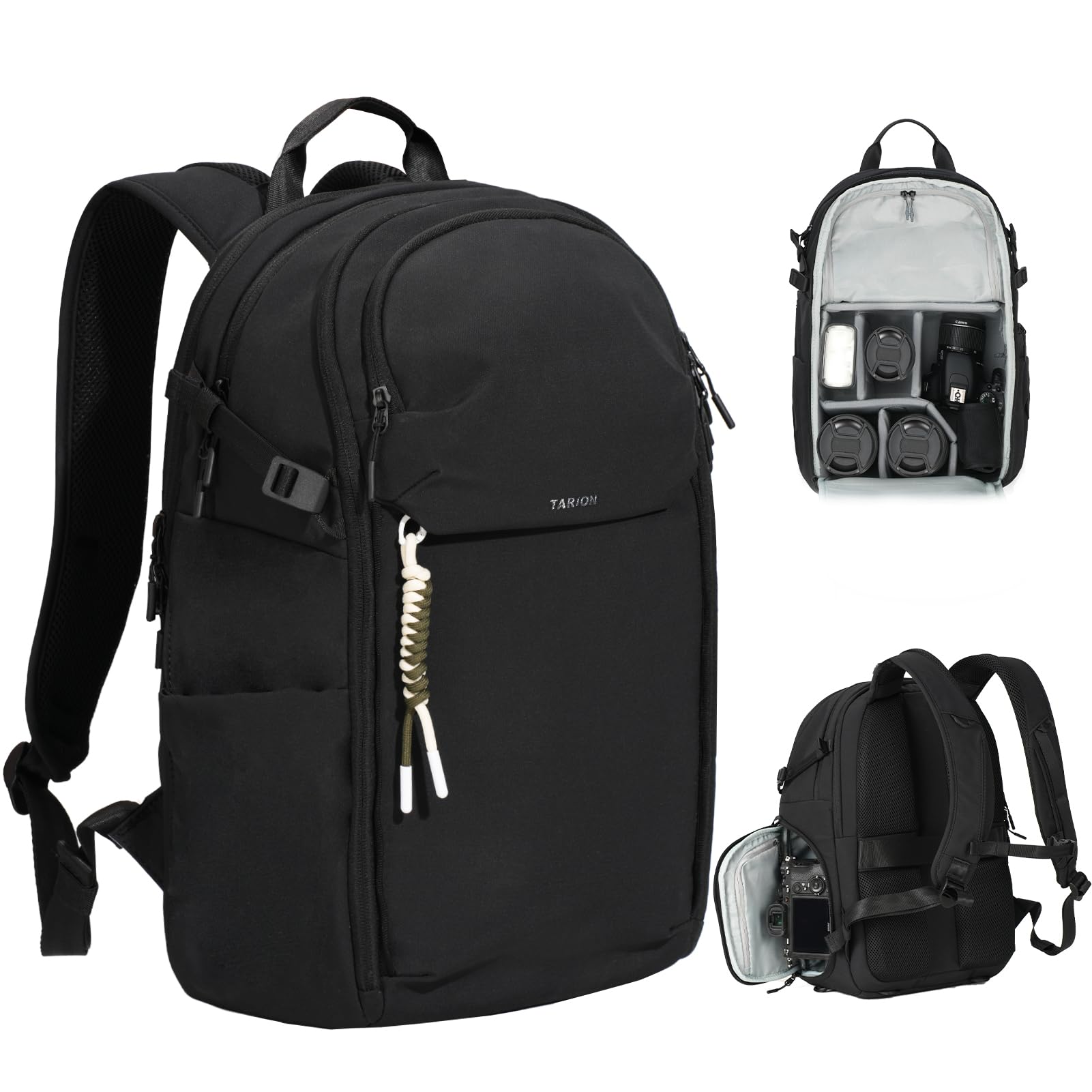 [TARION] 軽量カメラバッグ21L・3in1撮影/旅行/普段使い・180°フルオープン・2気室・16インチPC/三脚/レンズ収納・おしゃれ リュック FixLite ブラック