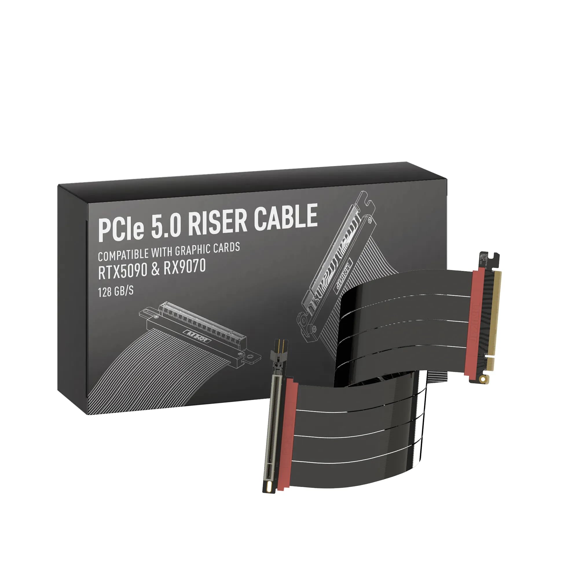 LINKUP - AVA5アーマーPCIE 5.0 ライザーケーブル | RTX5090 RX9070 GPUに対応 | x16 128GB/s速度 | PCIe 4.0 & WRX80/WRX90Eと互換性あり | 左角 ブラック 40cm(全長 44c|湖南オンライン