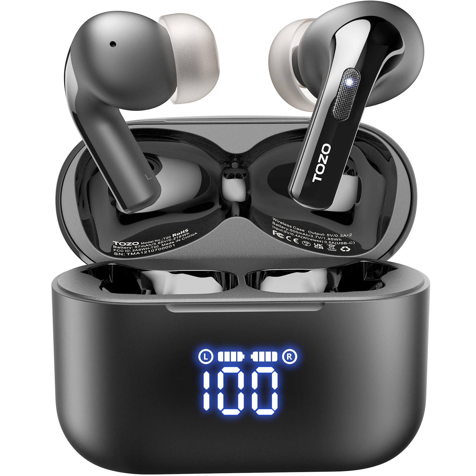 TOZO T20 ワイヤレスイヤホン 2025 極上の音体験 残量確認LEDディスプレイ EQカスタマイズ プレミアムサウンド 専用アプリ対応 タッチ制御対応 防水性能 最大約48時間の再生 ENC通話ノイズキャンセリング ワイヤレス充電 急速充電 接続瞬