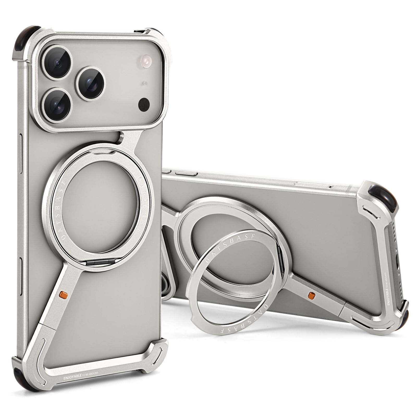 OATSBASF iPhone 17 Pro Max 用 ケース と互換性のあるミニマリスト スマホケース 360°回転キックスタンドアルミ金属フレームレスデザインバンパーケース 耐衝撃 横縦両立 MagSafe対応 ワイヤレス充電対応 保護ショックグレー