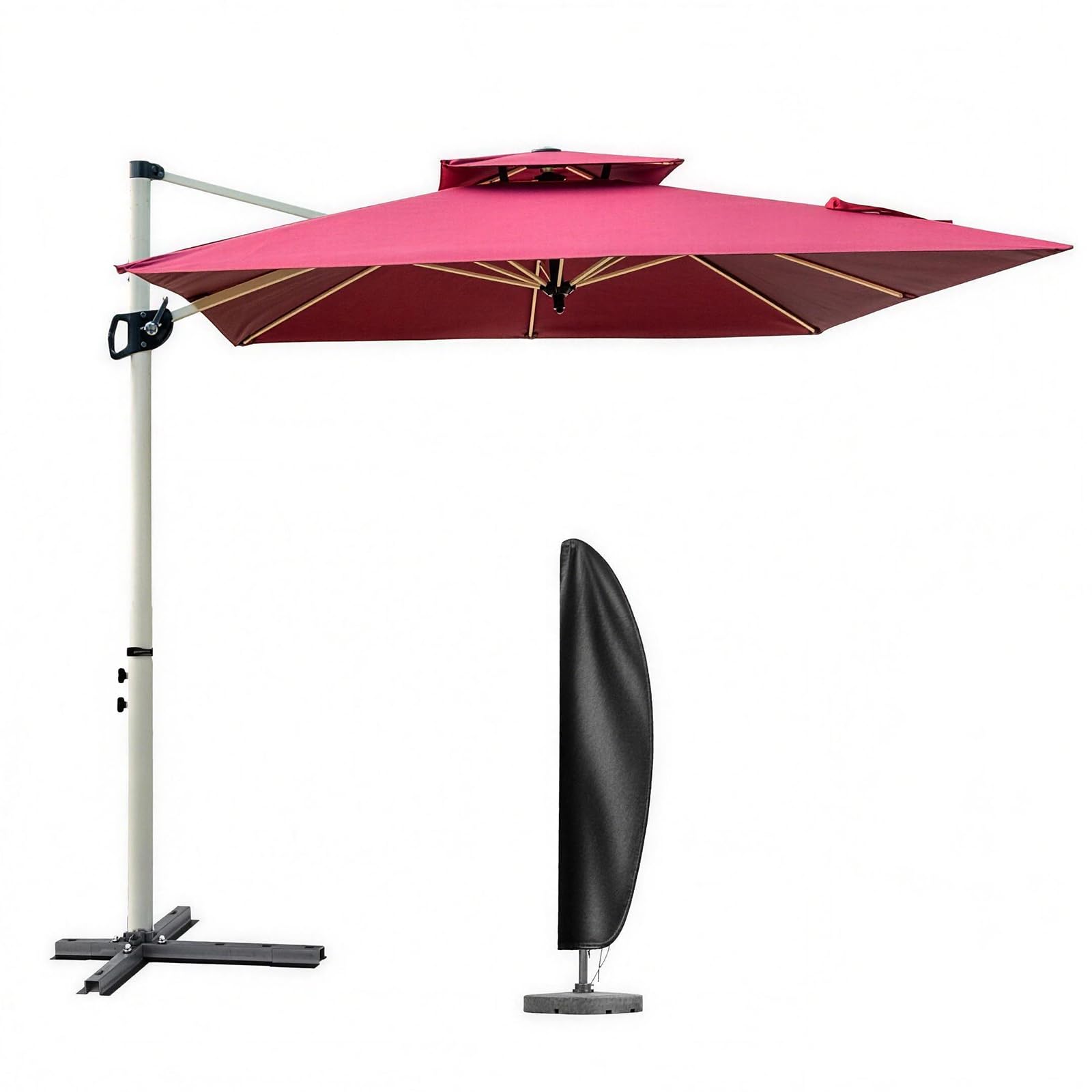 MAYAMI-Home ガーデンパラソル 大型 220/250cm 風に強い 長方形 ハンギングパラソル 二層通気 防風 UVカット 撥水 角度調整 360°回転 パラソルカバー付き ベース別売 屋外 庭 テラス カフェ用 (赤, 250cm)|湖南オンライン