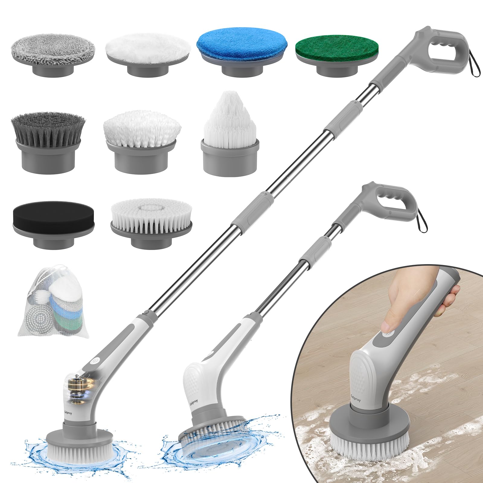 13in1&IPX8防水Gelpruy電動お掃除ブラシ お風呂掃除 11つの替えブラシ付き バスポリッシャー USB充電式 最大120分間連 ｜2024新登場11in1・電量表示・IPX8防水Airpher バス