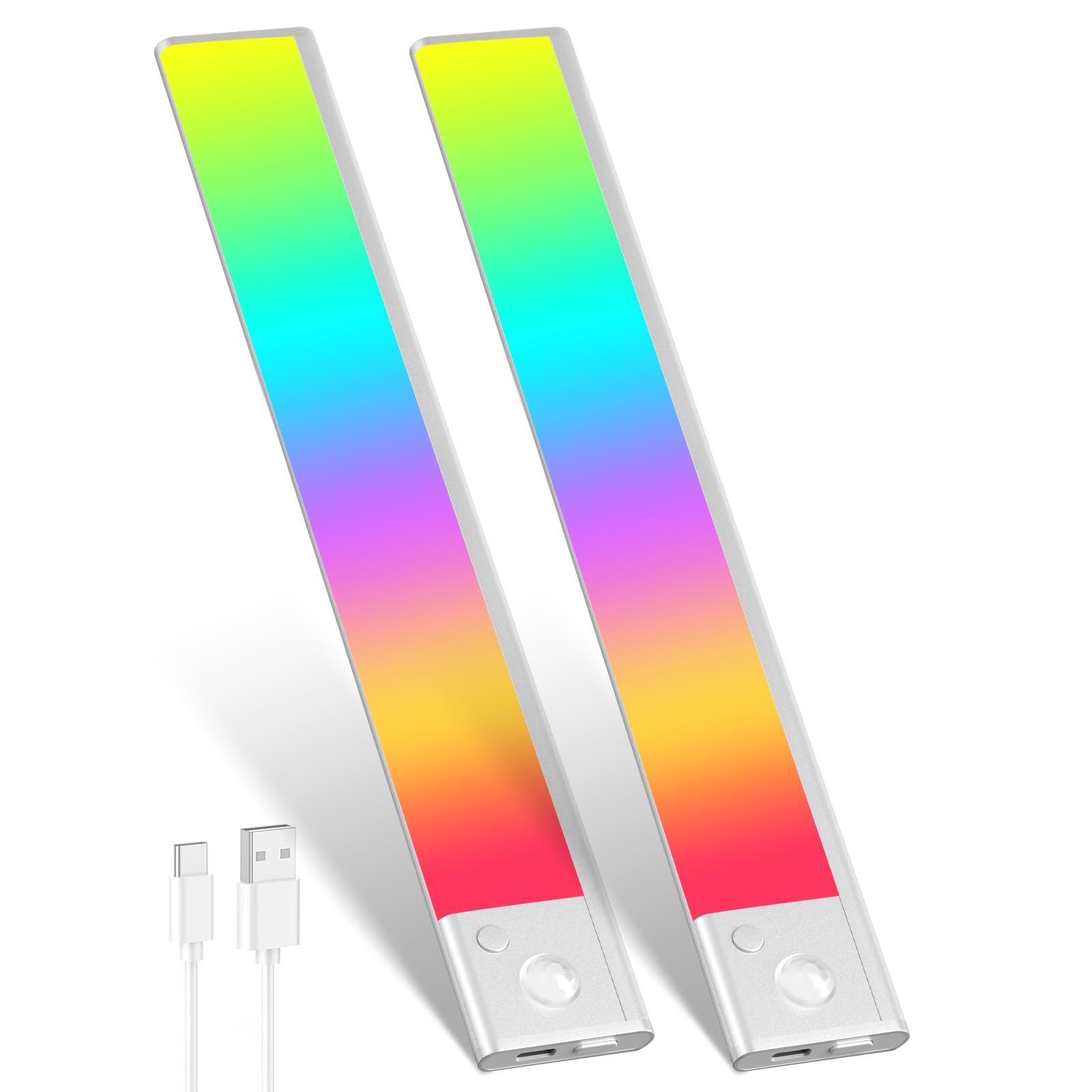 人感センサーライト LEDセンサーライト 40cm バーライト カラフル＆昼白色 無段階調光 Type-C 充電式ライト 階段ライト 120° 3M誘導距離 屋内 マグネット 配線工事不要 超薄型設計 省エネ 高感度 間接照明 寝室 廊下 階段 玄関 長寿