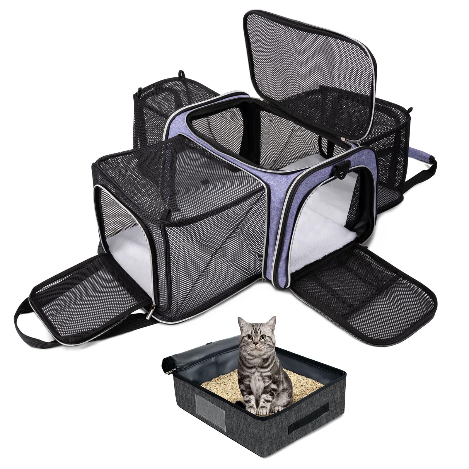 BAGLHER(バグラハ) 拡張可能 猫キャリア 旅行用トイレ付き ペットトラベル 5面オープンドア 3面 漏れ防止 折りたたみ式 車 飛行機旅行 パープル｜湖南オンライン