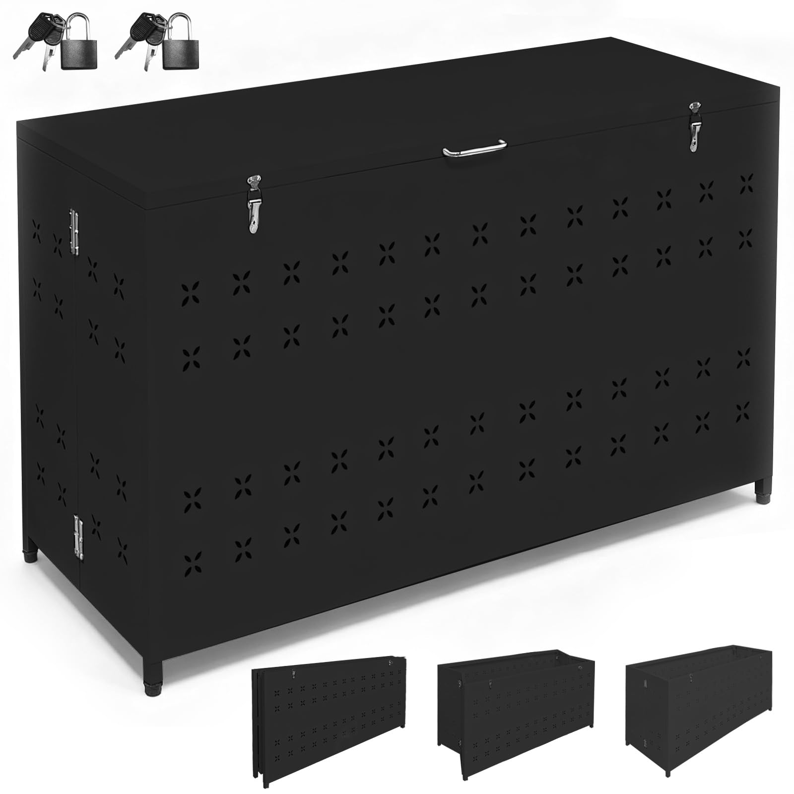PakOne ゴミ箱 屋外 ゴミステション ごみ収集ボックス 330L 大型 大容量 折り畳みデザイン 簡単組立 カラス除け 野良猫対策 ごみ集積所 ふた付き ごみ収集ボックス 多用途収納ボックス 2本の鍵付き 日本語説明書付き (クローバー 黒, 2XL|湖南オンライン