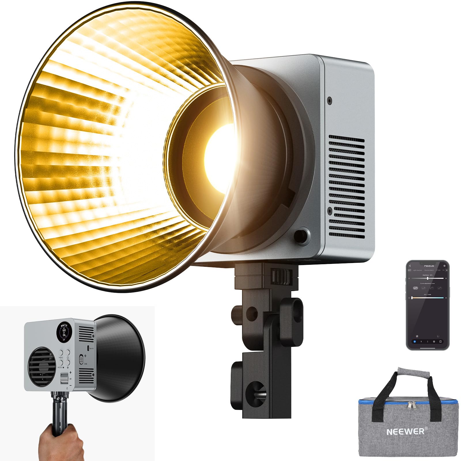 NEEWER HB80B 80W 撮影用ライト LEDビデオライト APP/2.4G制御 高輝度定常光 25500lux/1m バイカラー 調光可能 2700K-6500K CRI95+ 13種照明効果 72Whバッテリー内蔵 100W PD急速充電対応 |湖南オンライン