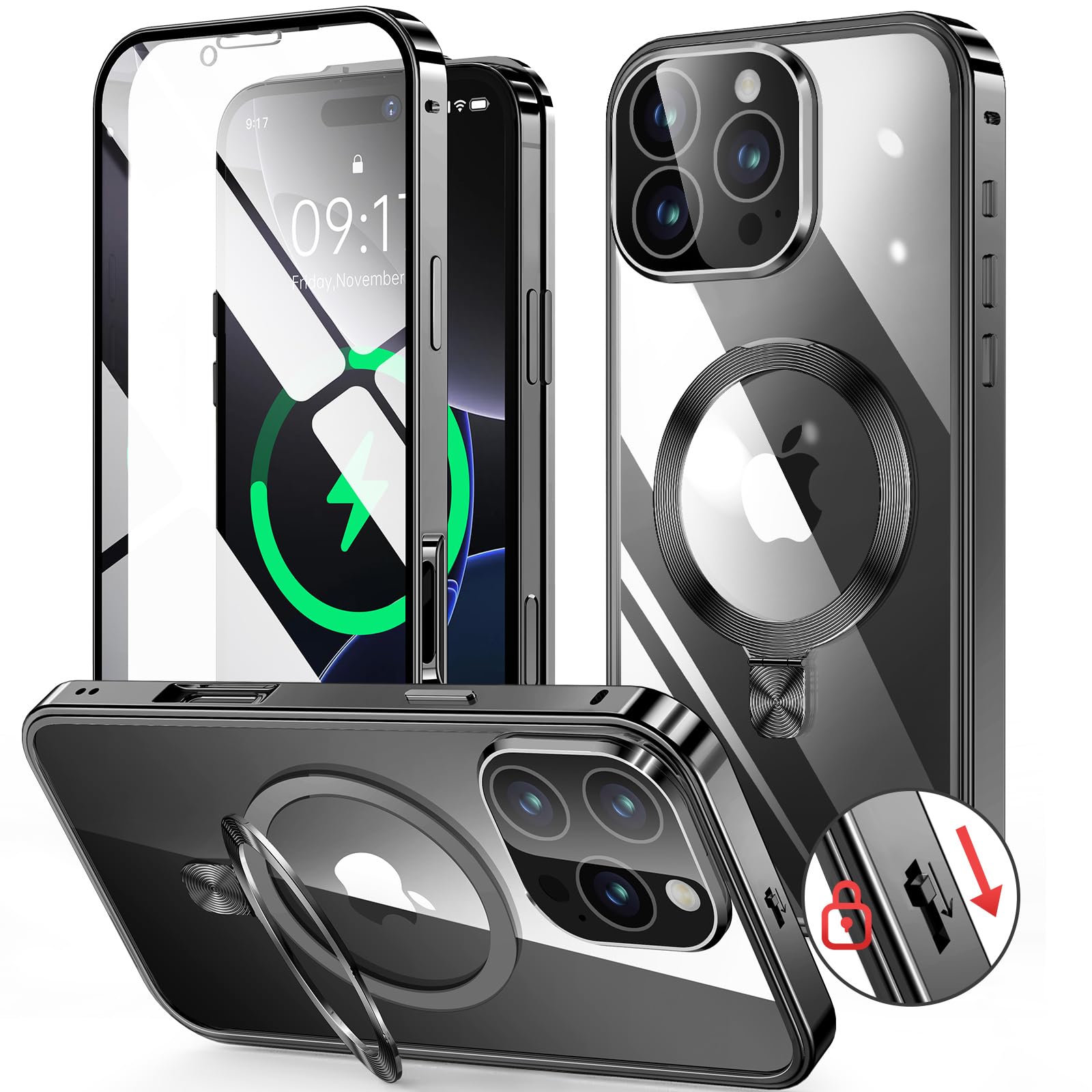 HGUTREY【スタンド機能付き・アクションボタン】 iPhone16 Pro 用 ケース クリア 【ロック付き】【CDリング・MagSafe対応】 9H強化ガラス PC背面 一体型レンズ保護 アイフォン16プロ カバー 両面 ストラップホール付き アルミ