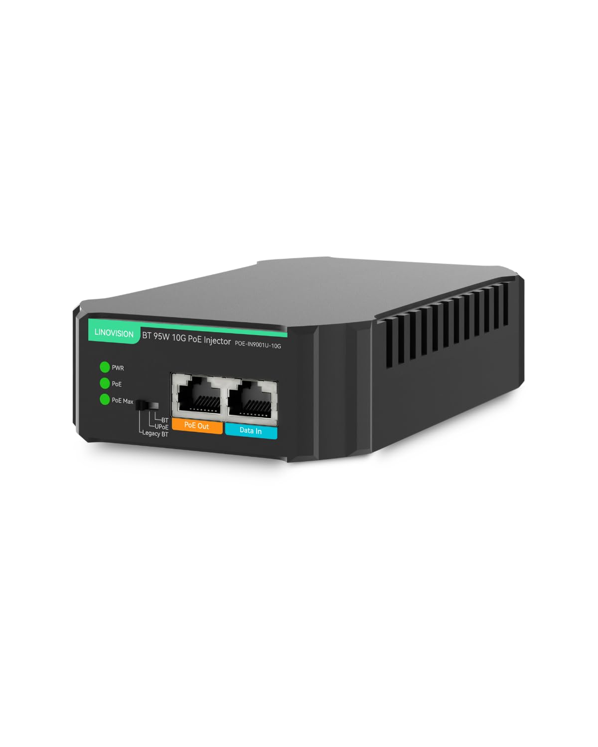 LINOVISION 産業用 10G BT95W PoE インジェクター、IEEE802.3af/at/bt POE++ 対応、10Gbps伝送速度、標準/非標準 PoE デバイスとの互換性、金属筐体、壁掛け可能