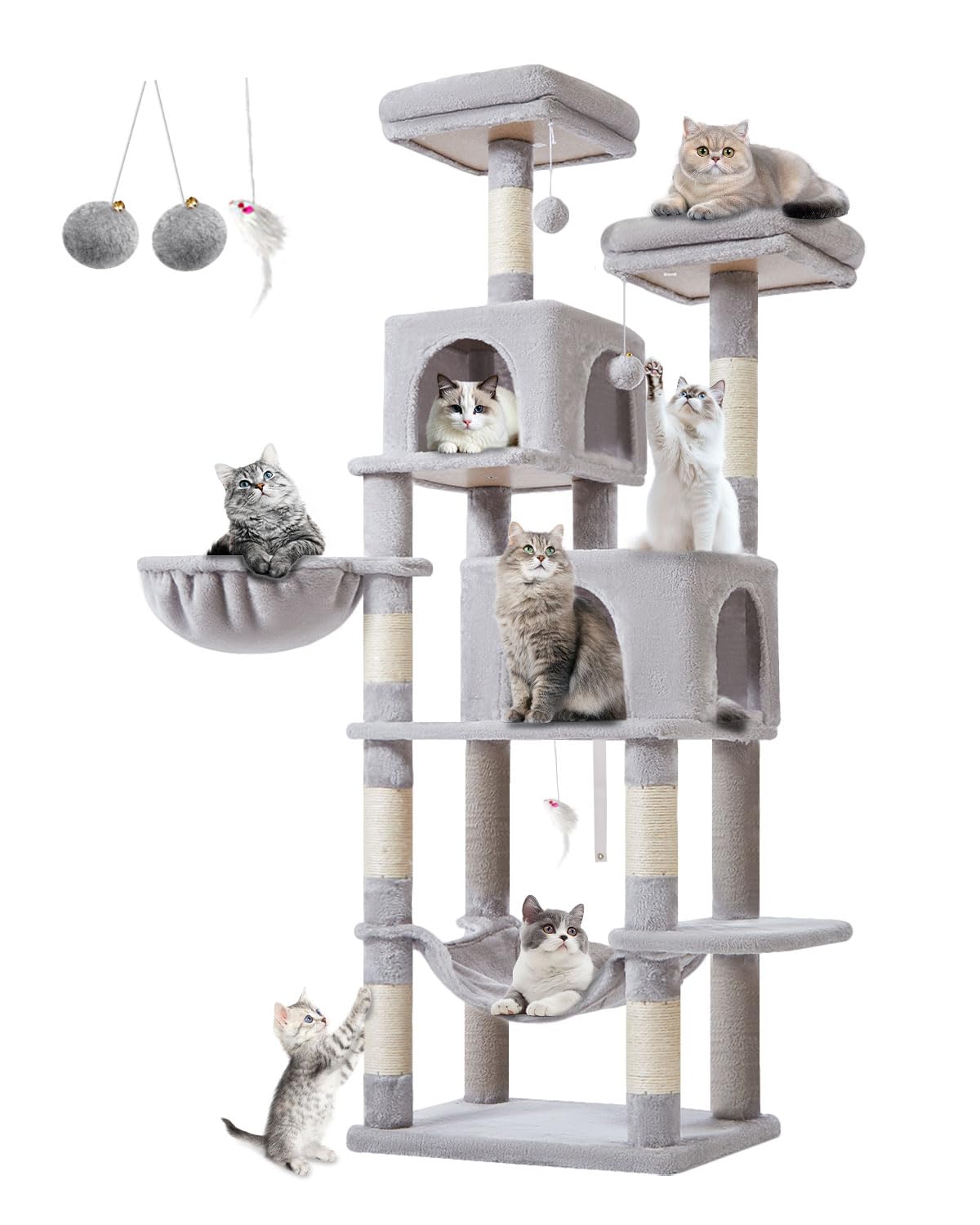 Taoqimiao キャットタワー 大型猫用 170CM 室内猫用キャットタワー きゃつとタワー 7本の爪とぎポール 2つの止まり木 2つの隠れ家 ハンモック 2つのポンポン付き 豪華多段式キャットコンド MS013W ライトグレー