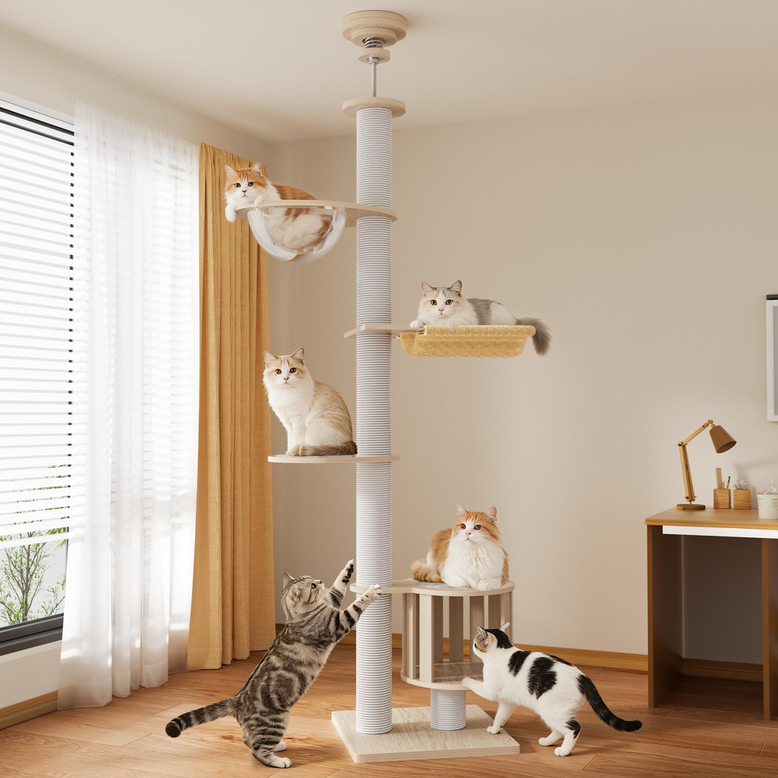 [ChicKone] キャットタワー 突っ張り ネコタワー 木製 スリム 宇宙船付き ハンモック 大型猫 爪とぎ 多頭飼い 猫タワー ツッパリ 人気 木登りタワー キャットツリー 多層無垢材 太い支柱 全綿縄巻き おしゃれ 安定感 運動不足解消 (ホワイト｜湖南オンライン