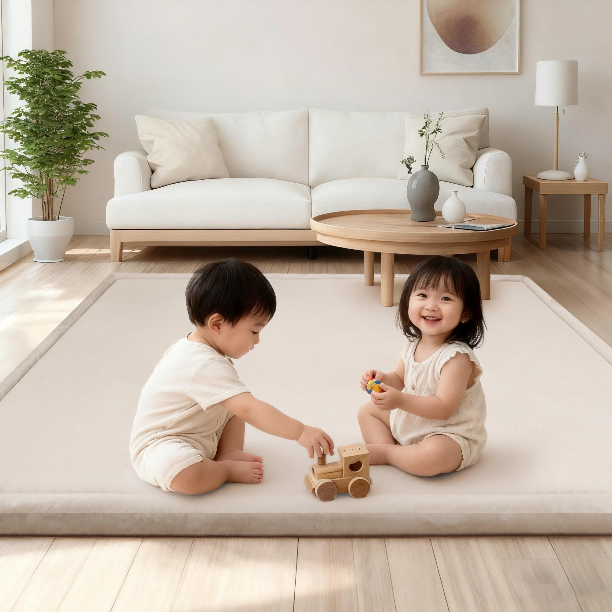 Huloo Sleep ベビープレイマット 厚さ35mm 赤ちゃん プレイマット 極厚 ベビーマット 厚手 衝撃吸収 滑り止め 幼児・子ども用ほふくマット 防音 子供部屋用 (ベージュ, 150×200cm)