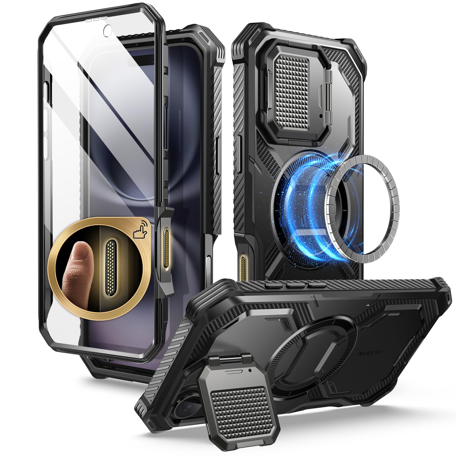i-Blason iPhone 16 ケース 2024 全面保護 カメラレンズ保護 カメラコントロールボタン 軍用耐衝撃 マグネット式 MagSafe対応 ケースと液晶保護フィルム一体型 スタンド機能 充電孔塞付き 防塵 耐衝撃性 ドイツ製のバイエル素材採
