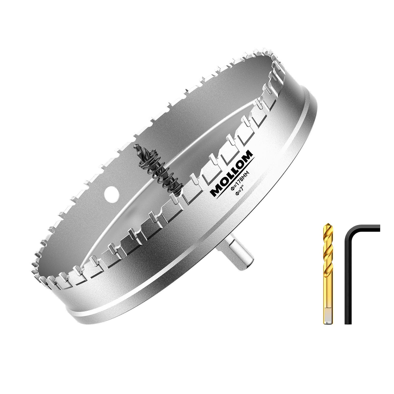 Mollom (7インチ | 178mm) 高耐久超硬ホールソー、パイロットドリルビット2個、ホールカッターはステンレス鋼、軟鋼、鉄、銅、真鍮、プラスチックをカットします｜湖南オンライン