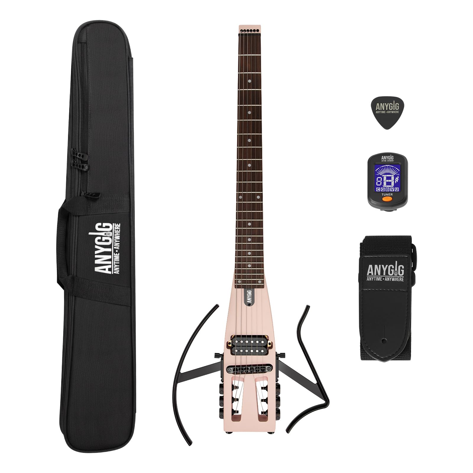 Anygig トラベル エレキギター Headless ・ ポータブルで超軽量・静音、フルスケール25.5インチ ローズウッド指板、蓄光ハムバッカー、ギグバッグ、着脱式スタンドなど付属品一式 シェルピンク