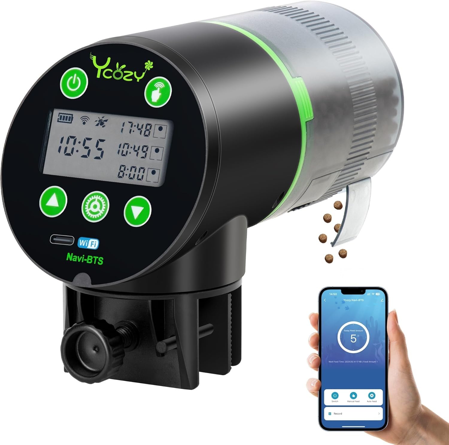 Ycozy WiFi 自動給餌器 魚 APP 定時 定量 遠隔操作可能 水槽 自動餌やり機 魚 日本規格プラグとUSB-C 通電作業 熱帯魚 亀 金魚オートフィーダー | Navi-BTS