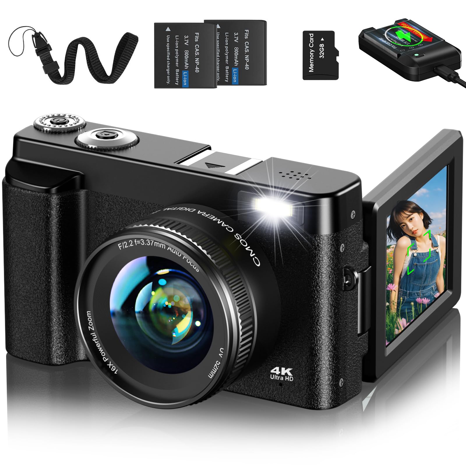 Lecnippy デジカメ 4K デジタルカメラ 32GBマイクロSDカード付き オートフォーカス機能 180度回転可能ディスプレイ 4800万画素 16倍ズーム 手振れ補正 Webカメラ 自撮りカメラ 3インチ大画面 美顔フィルター 52mmUVフィルタ｜湖南オンライン