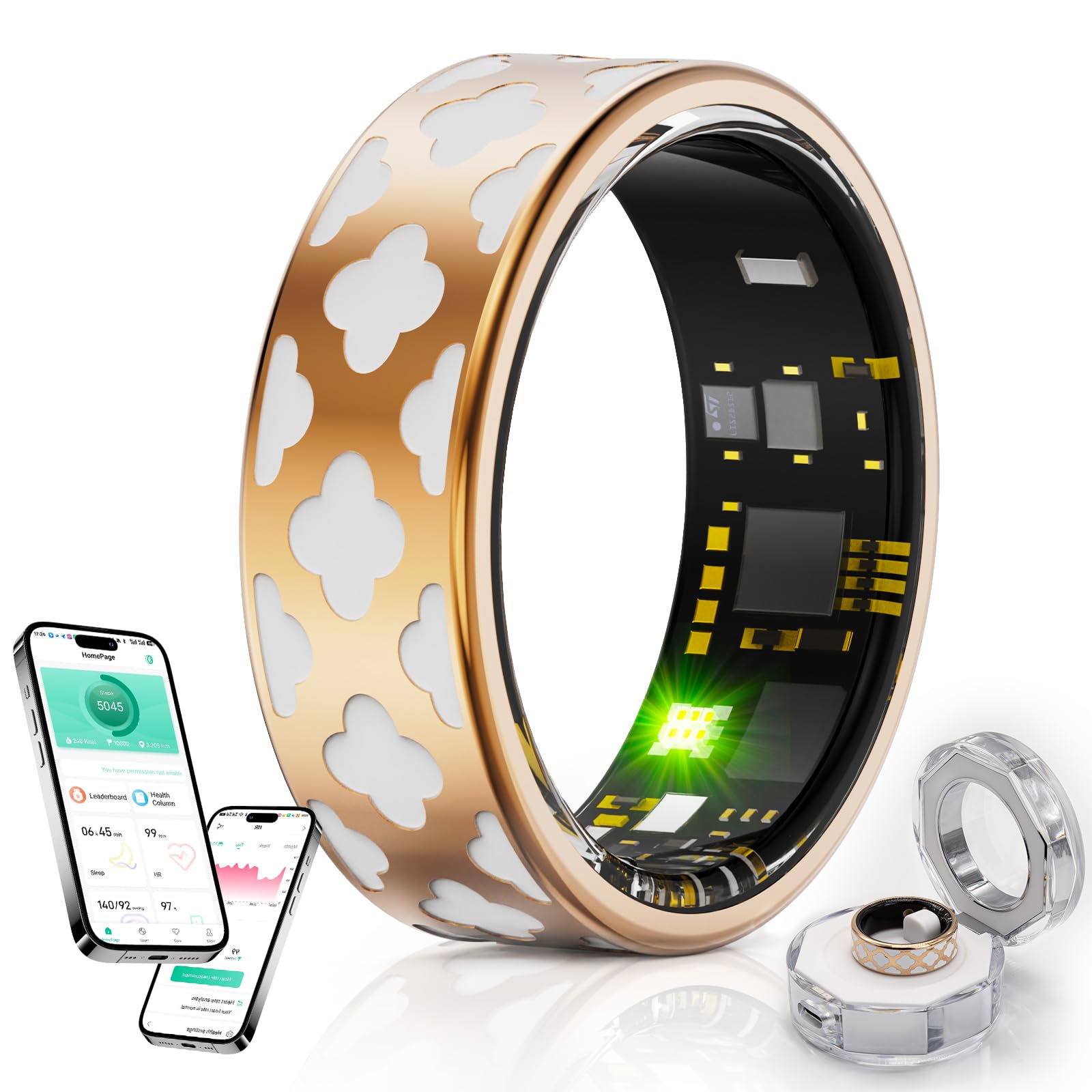 スマートリング 健康管理 【2025年新登場 】睡眠検測 活動量計 歩数計 カロリー 運動距離 IP68防水 遠隔撮影 軽量 長持ちバッテリー 充電ケース付き 日本語説明書 IOS/Android対応 (ローズゴールド(透明な充電ケース), 9# 内周(5