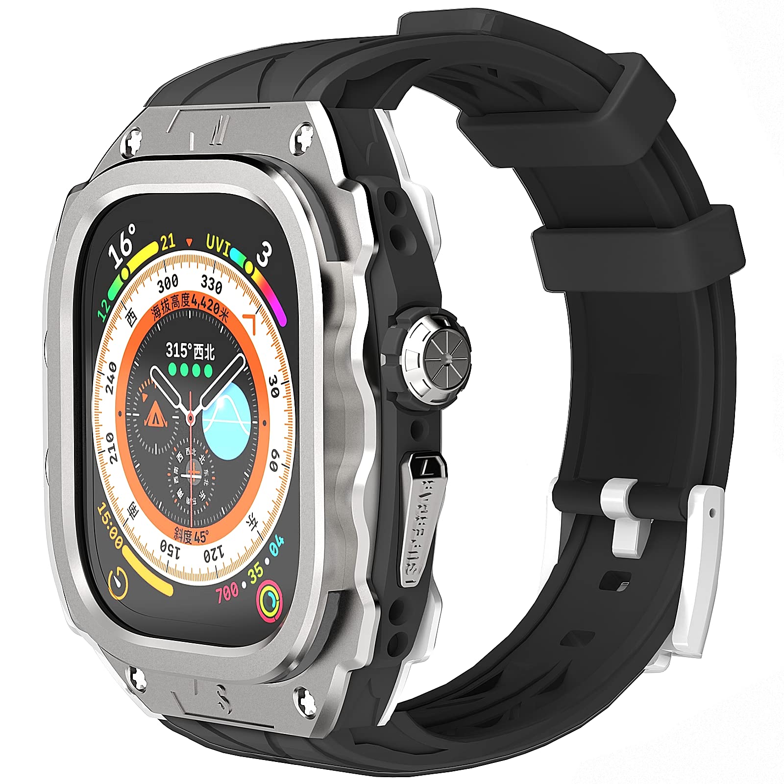 YiMingSun Apple Watch用メタルケース Apple Watch Ultra 1/2 49mm用 メンズ 頑丈なケース バンパー 頑丈なメタルカバー バンド付き Apple Watch Ultra 1/2 49mm用 (Silver)