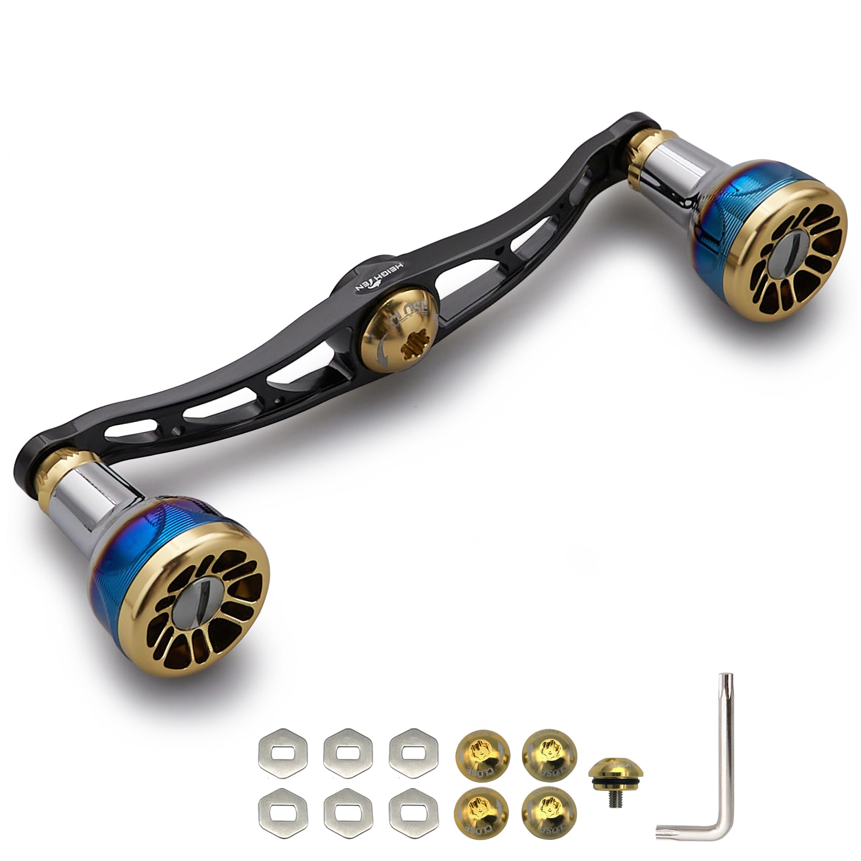 HEIGHTEN V2.0 105/115mm ベイト リール ハンドル 航空アルミ製 シマノ ダイワ アブガルシア 通用 Engn series (ブラック＆ゴールド, V2.0-115mm) (0070)