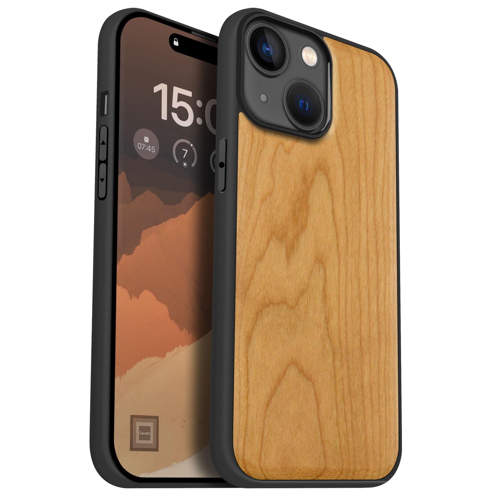 Carveit iPhone 15 ケース 木製 【天然木+TPUシリコンツーインワン】 アイフォン15 カバー（6.1インチ） 耐衝撃 滑り止め 磁気内蔵 MagSafe 対応 いPhone 15 ケース ウッド (チェリー-白木スタイル)
