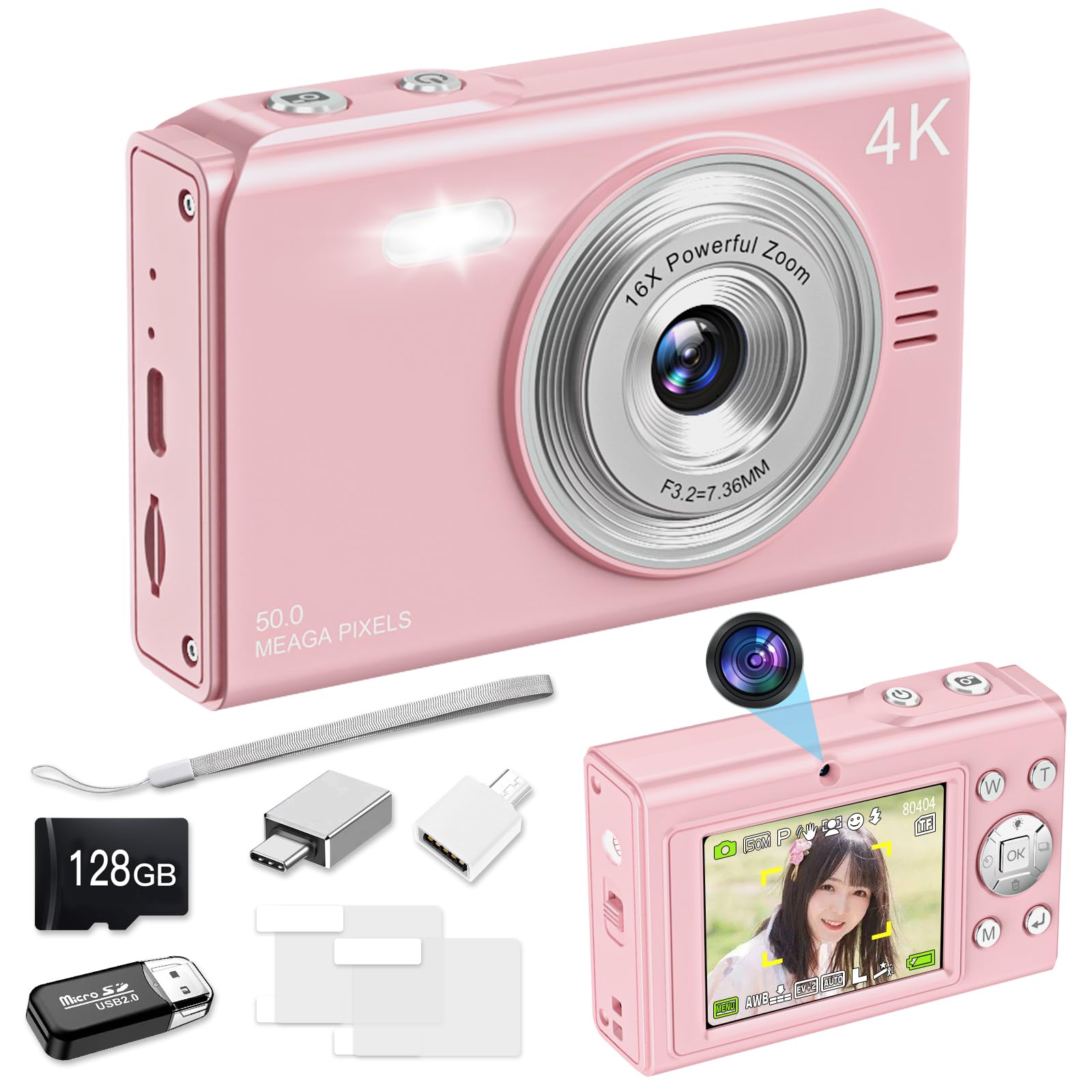 Moledro 4K デジタルカメラ デジカメ 5000万画素 懐中電灯機能 デュアルカメラ 128GBマイクロSDカード付き 16倍デジタルズーム 手振れ補正 顔検出 ウェブカメラ 自撮り便利 2.88インチ大画面 バッテリー内蔵 コンパクト コンデジ 6,342円