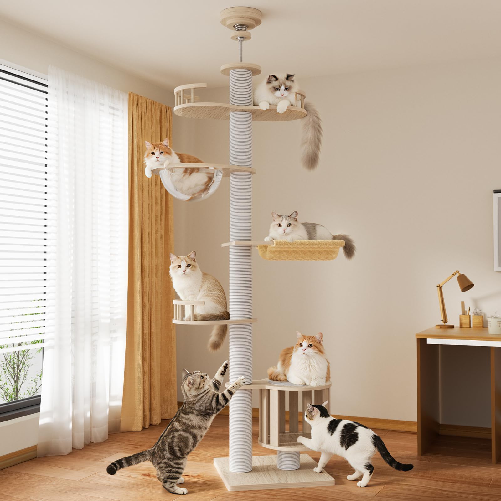 [ChicKone] キャットタワー 突っ張り ネコタワー 木製 スリム 宇宙船付き ハンモック 大型猫 爪とぎ 多頭飼い 猫タワー ツッパリ 人気 木登りタワー キャットツリー 多層無垢材 太い支柱 全綿縄巻き おしゃれ 安定感 運動不足解消 (ホワイト｜湖南オンライン