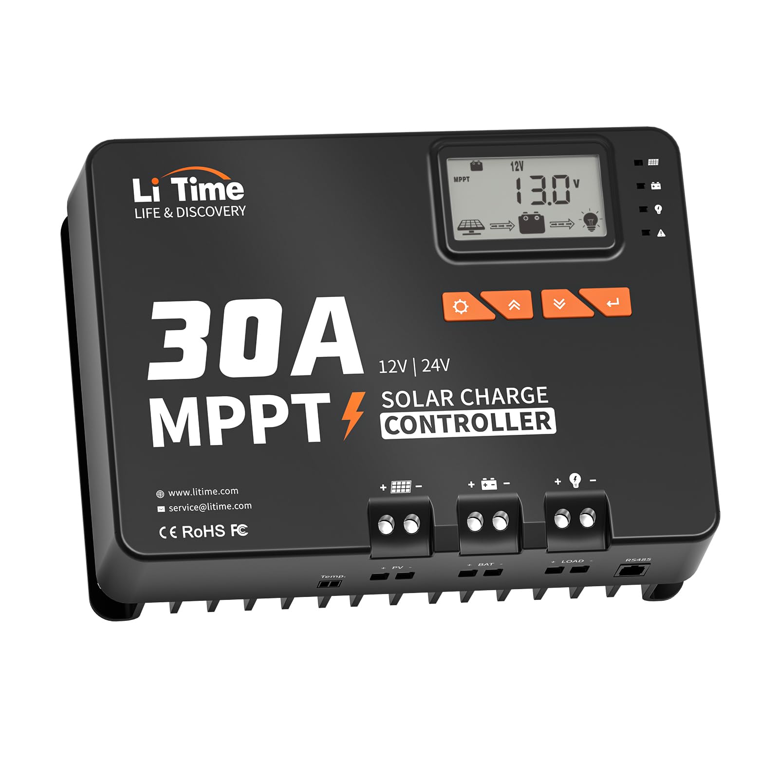 LiTime 30A MPPTチャージコントローラー 12V/24V リチウムバッテリー/鉛蓄電池通用 99%高追跡効率 Bluetoothモジュール内蔵 パラメータ調整可能 LCDディスプレイ LEDインジケーター付き DC入力ソーラー充電コントローラー|湖南オンライン