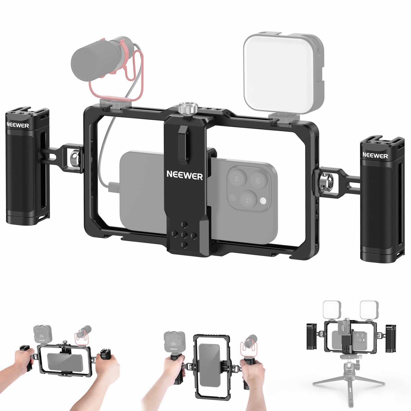 NEEWER スマホケージ スマホビデオリグセット デュアルハンドル付き ビデオスタビライザー ワイヤレスマイククリップスロット Tiktok/YouTube用 コンパチブ SmallRig iPhone 15 14 Pro Max 13 Pro Max