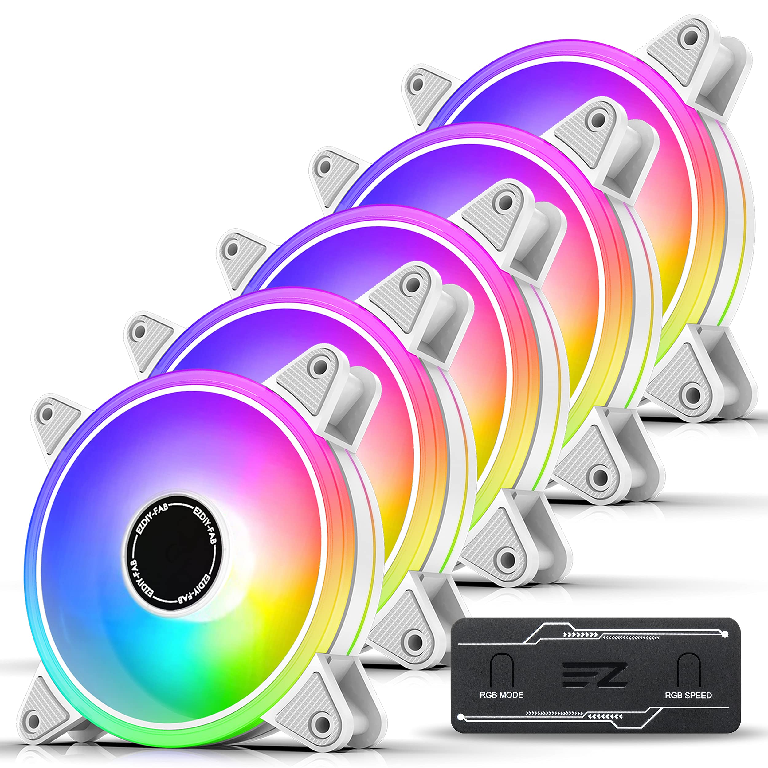 EZDIY-FAB ARGB ホワイトPCケースファン PWM自動制御 静音 高性能 ファンハブ付き 5V3ピンマザーボード同期 Aura Syncに対応 - 5本1セット