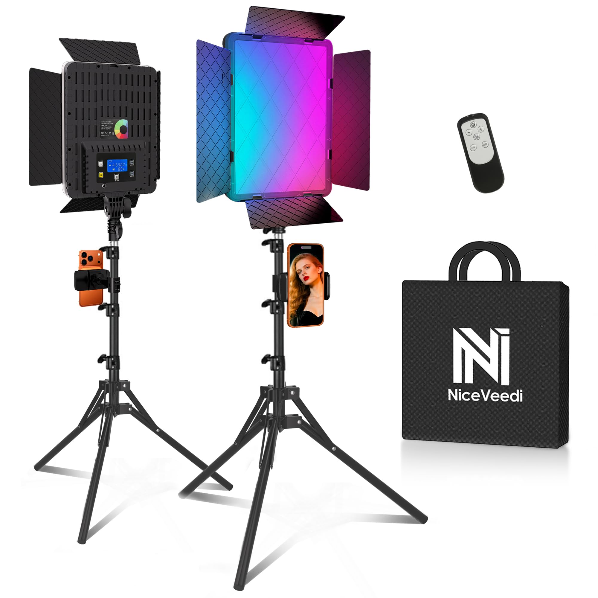 Niceveedi RGB LEDビデオライト 40W高出力 撮影用ライト 540LED大型パネル バイカラー2700K～6500K 無段階調光 CCT/HSI/RGB/シーンモード20種類 2個セット 三脚スタンド付き 高さ190cm対応 リモコン操作 ｜湖南オンライン