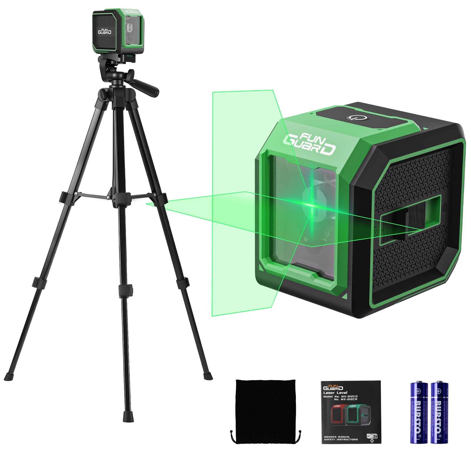 Funguard レーザー墨出し器 レーザークラスII 自動補正 水平機能 傾斜モード 持ち運び便利 操作簡単 振り子がロック 収納バック付き 電池x2 エレベーター三脚付き（グリーン)