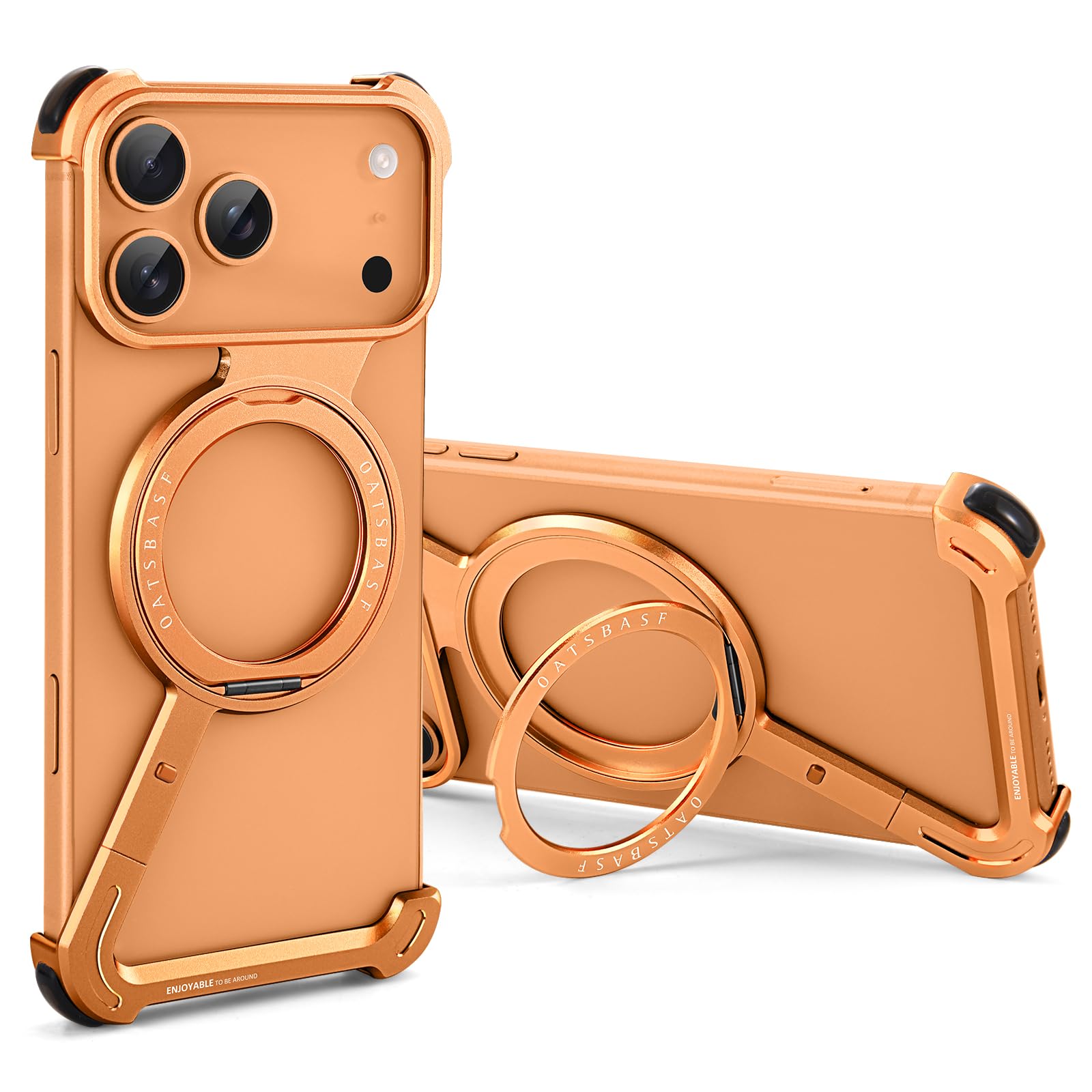OATSBASF iPhone 17 Pro 用 ケース 金属製シンプル無・框デザイン 360°回転スタンド 耐衝撃 横縦両立 MagSafe対応 ワイヤレス充電対応 保護ショックグレードシェル オレンジ