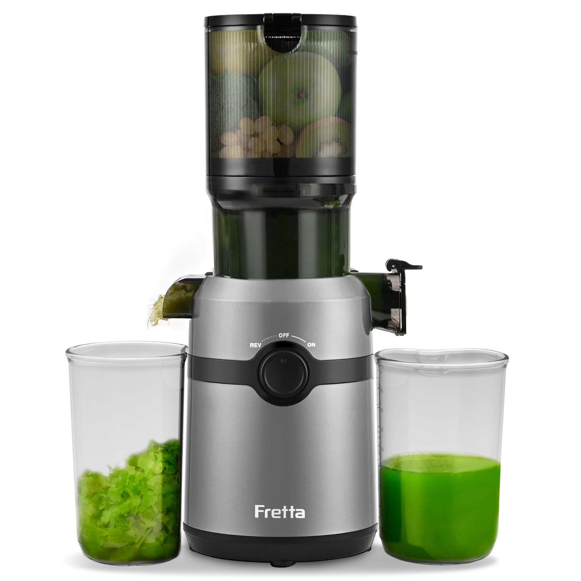 Fretta ジューサー 10.8cm広い投入口 1L大容量 スロージューサー 細かくカット不要 一度投入 取り付け簡単 コールドプレスジューサー 搾りカス分離 BPAフリー グレー