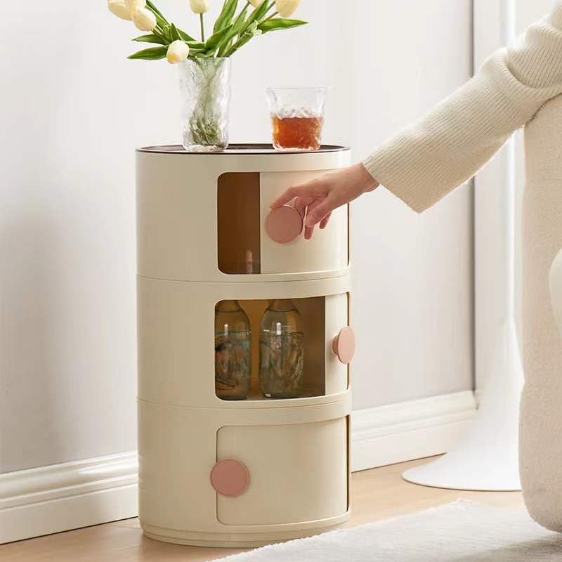 デザイナーズ家具 サイドテーブル ラウンド収納キャビネット 多層円筒形ベッドサイドテーブル 収納コーヒーテーブル 寝室収納キャビネット 多機能収納 チェスト 大容量無料設置 クリームホワイト 58X32X32cm [並行輸入品]