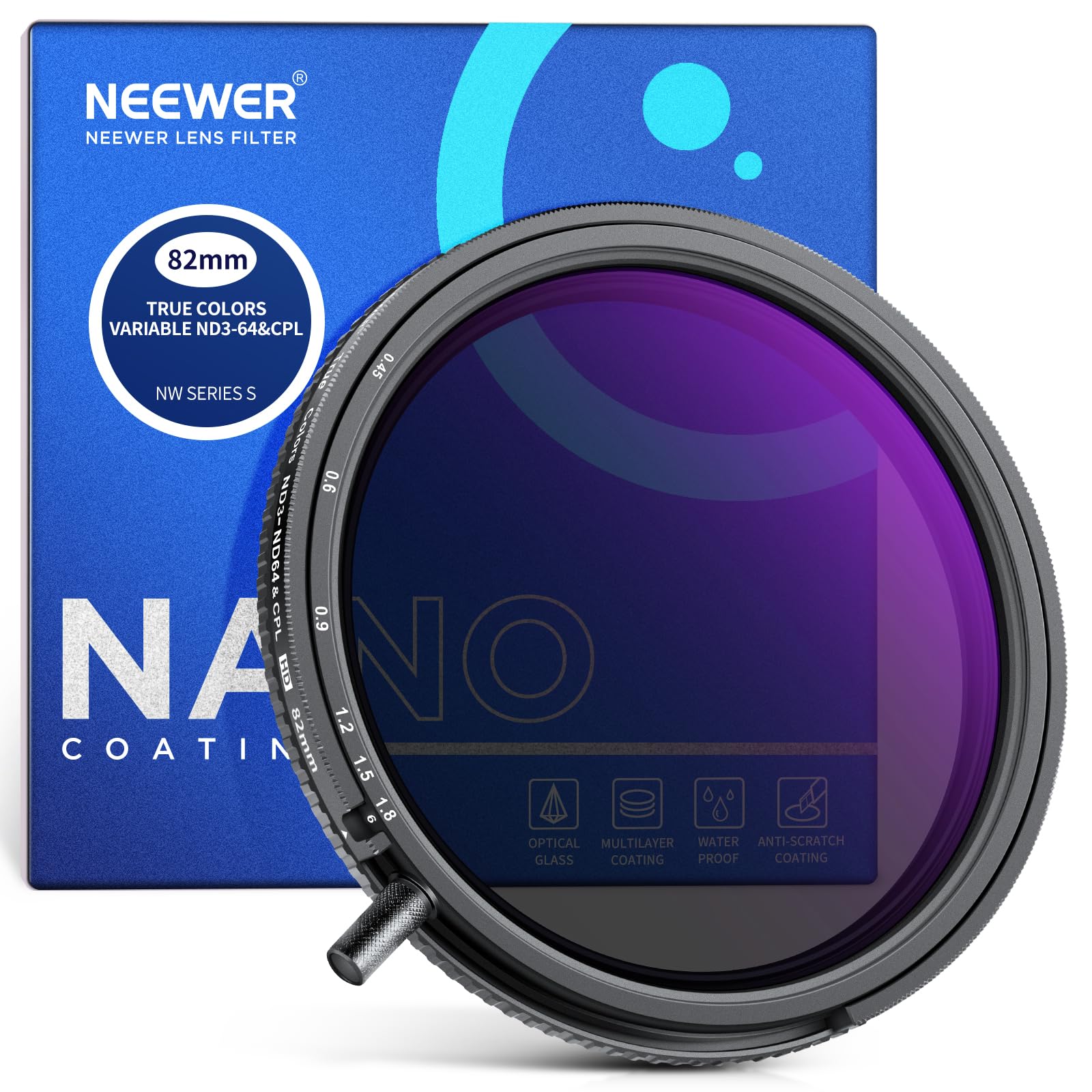 NEEWER 82mm トゥルーカラー可変ND3-ND64とCPLフィルター ハンドノブ付き 2in1調整可能な減光フィルター&円偏光フィルター マルチコーティングHD光学ガラス/アルミ合金フレーム 防水性 耐傷性 指紋防止