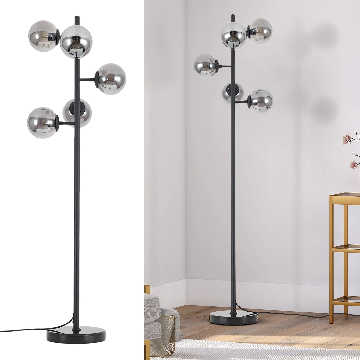 KCO Lighting モダン フロアライト 間接照明 スタンド インテリア 5灯 E26対応 LED 読書ランプ 操作&組立簡単 北欧風 おしゃれ オフィス 寝室 リビング (ブラック+スモークグレー) 電球付き|湖南オンライン