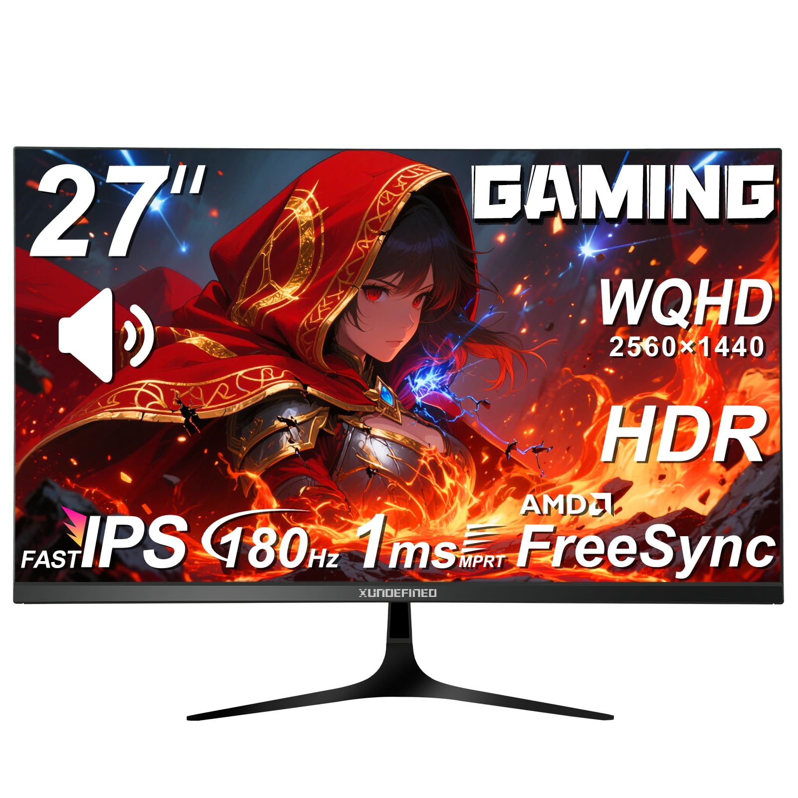 XUNDEFINED 27インチ ゲーミングモニター 180Hz 1ms(MPRT)高速応答 WQHD 1440P モニター スピーカー内蔵 非光沢IPSパネル 125%sRGB 高輝度300cd/m・ FreeSync&G-Sync対応 HDR10 ブル