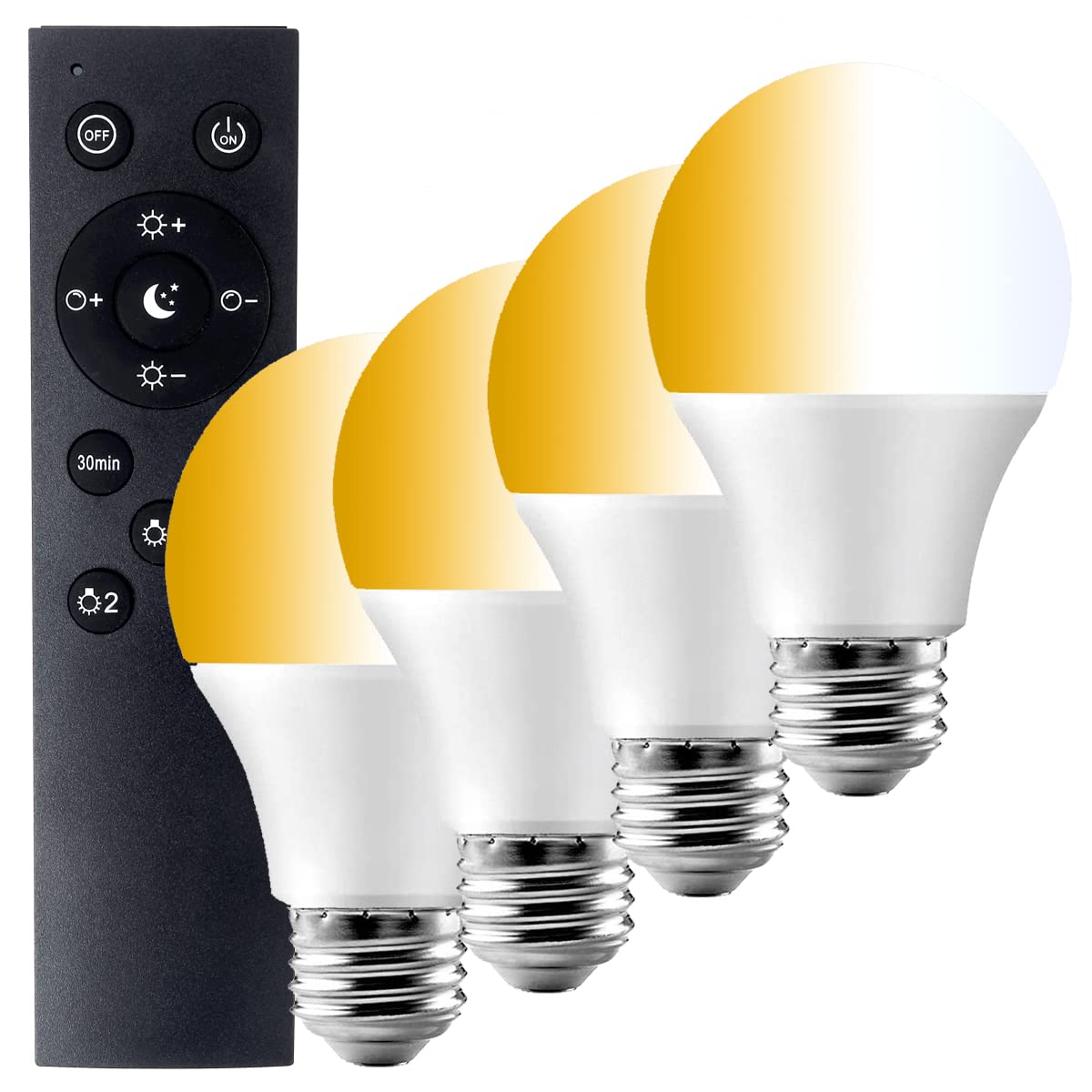 LED電球 60W形相当 調光 調色 リモコン付き E26口金 6W 電球色、昼光色、昼白色 ，600LM， 2.4GHz無線式遠隔操作，30分/60分お休みタイマー 常夜灯 光色切り替え PSE認証済み 日本語取扱説明書，4個セット（電池別売）