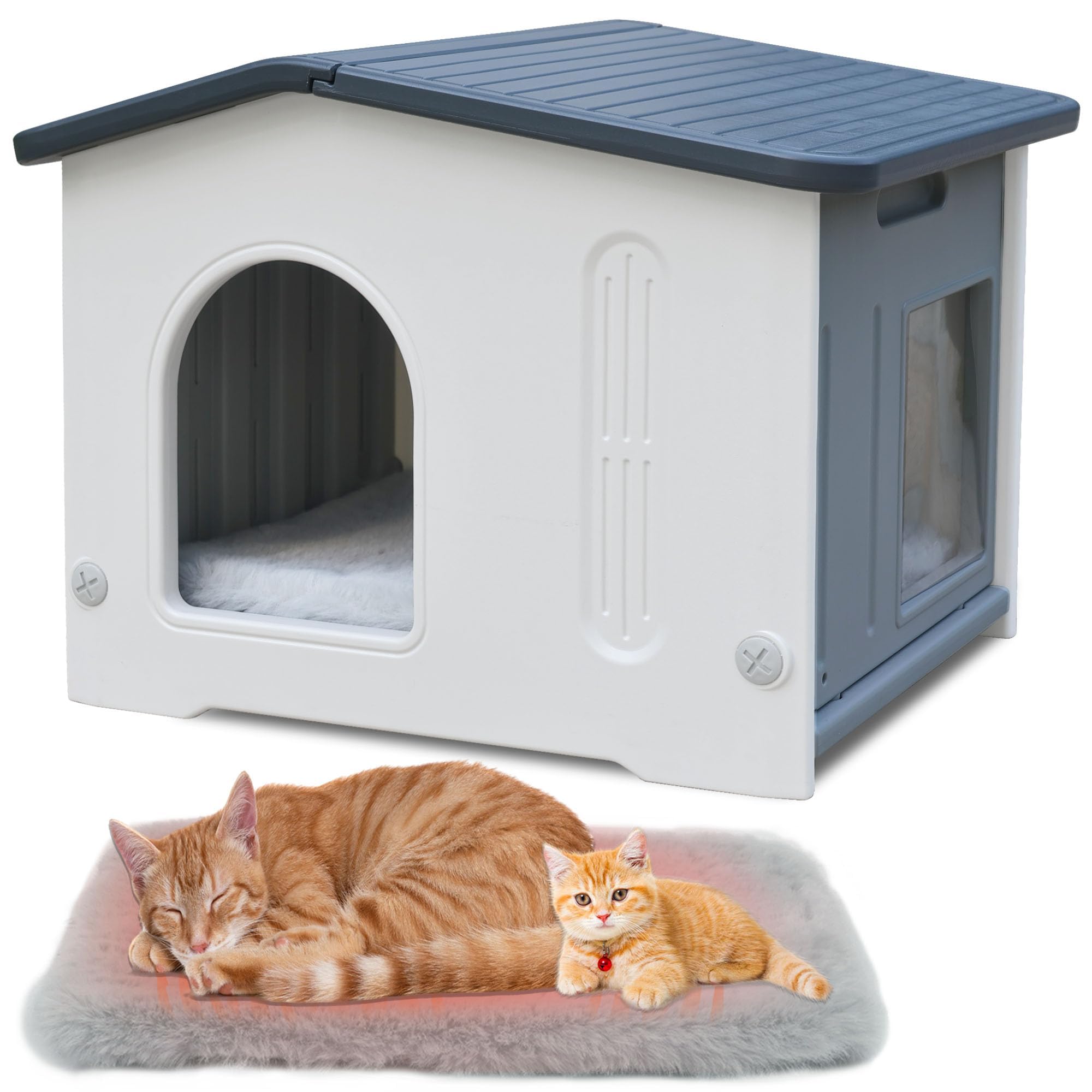プラスチック製 耐候性 猫ハウス 屋内・屋外兼用 脱出口&ソフトマット付き 小型ペット用 広々設計 簡単組立 グレー