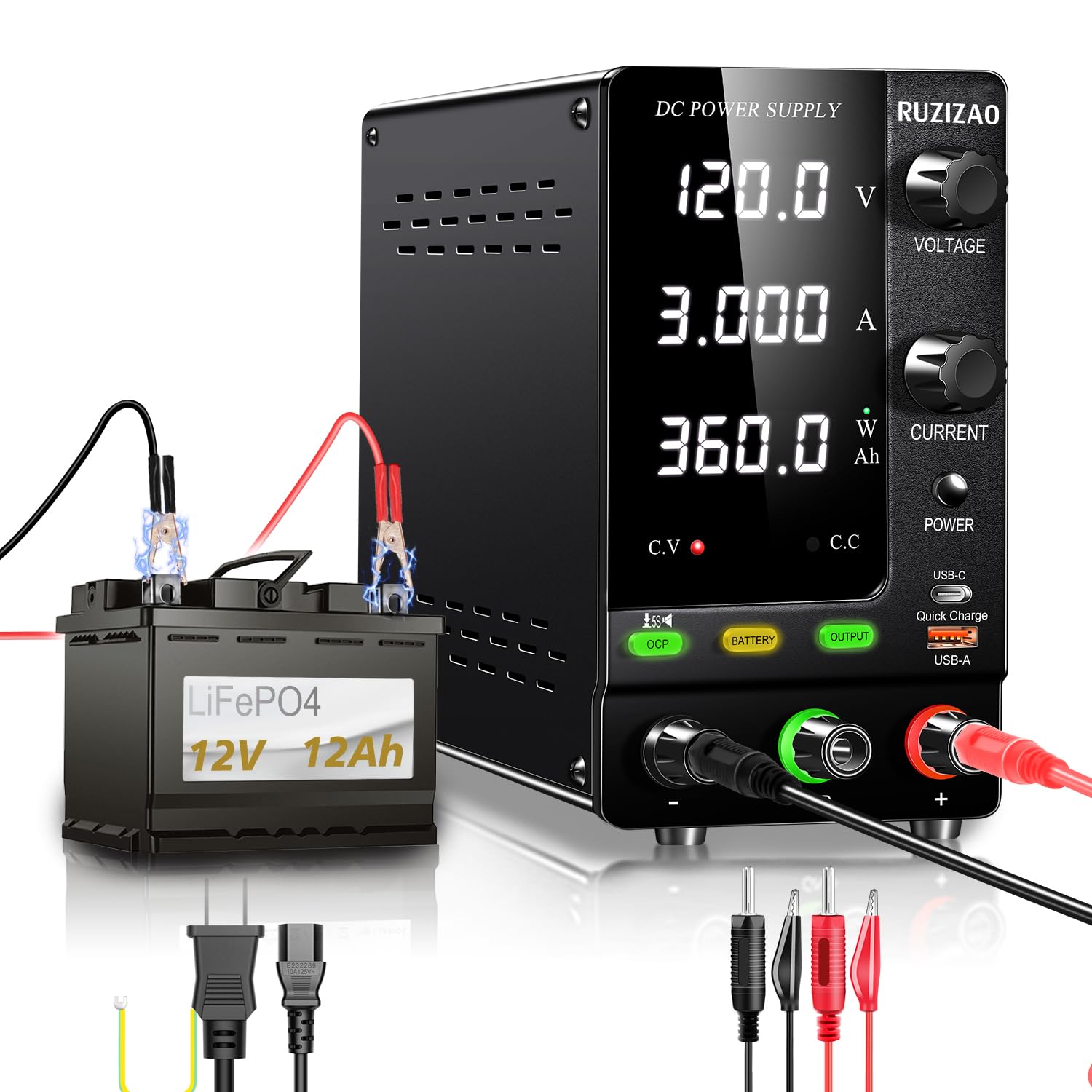 RUZIZAO 安定化電源 120V 3A 4桁電圧電流電力表示 エンコーダ調整 デスクトップ電源 スイッチング電源 6V 12V 24V 36V 48V 60V 92V 100V 電池充電用 可変直流安定化電源 電気制御機器 めっき 実験室用 直流安定化