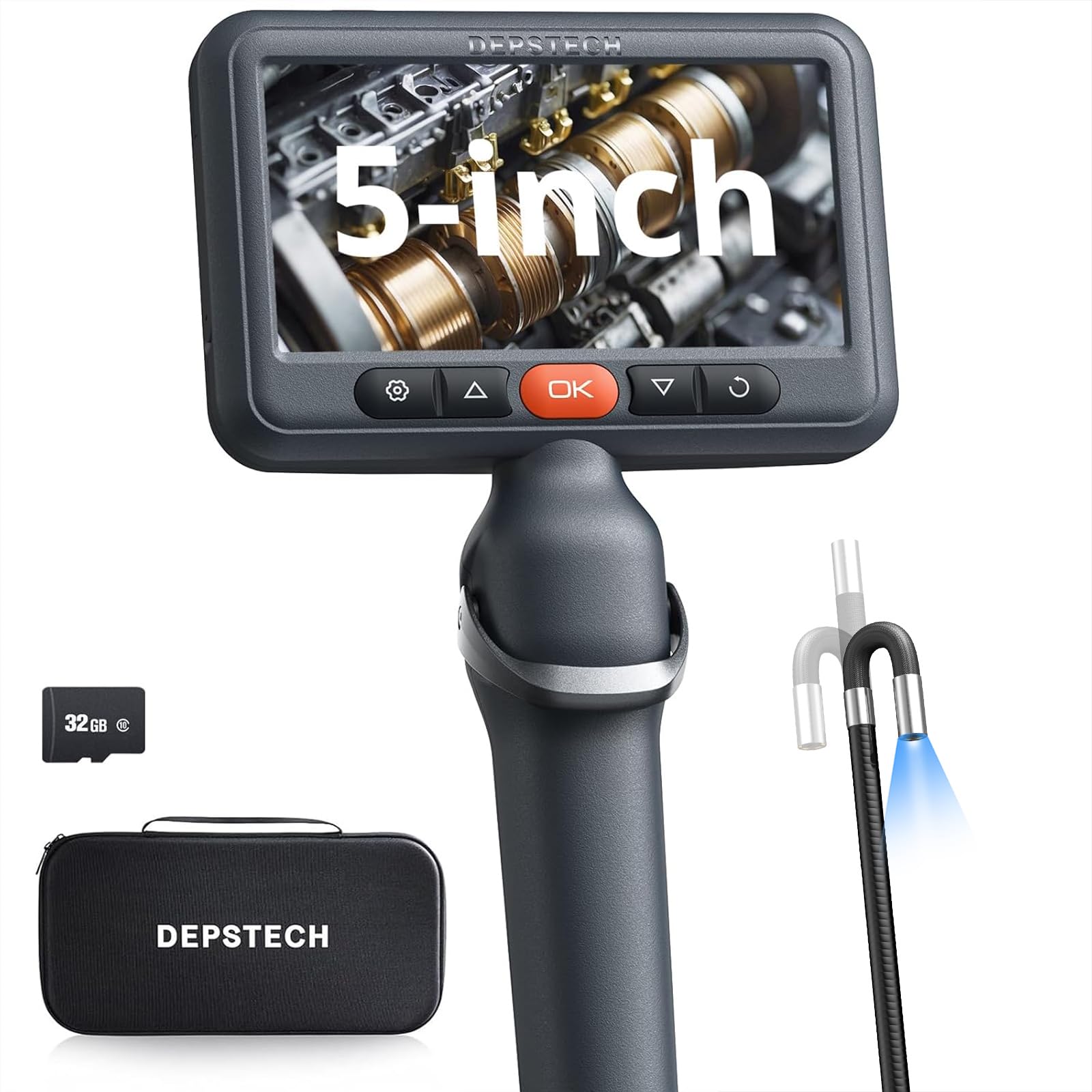 【2025年新型】 DEPSTECH 先端可動式ファイバースコープ 5インチ大画面IPSモニター 左右兼用 1080Pカメラ 6.2MM極細 210°双方向回転可能 IP67防水 内視鏡カメラ LEDライト付き 車整備 機械点検 自宅メンテナンス 収納ケー|湖南オンライン