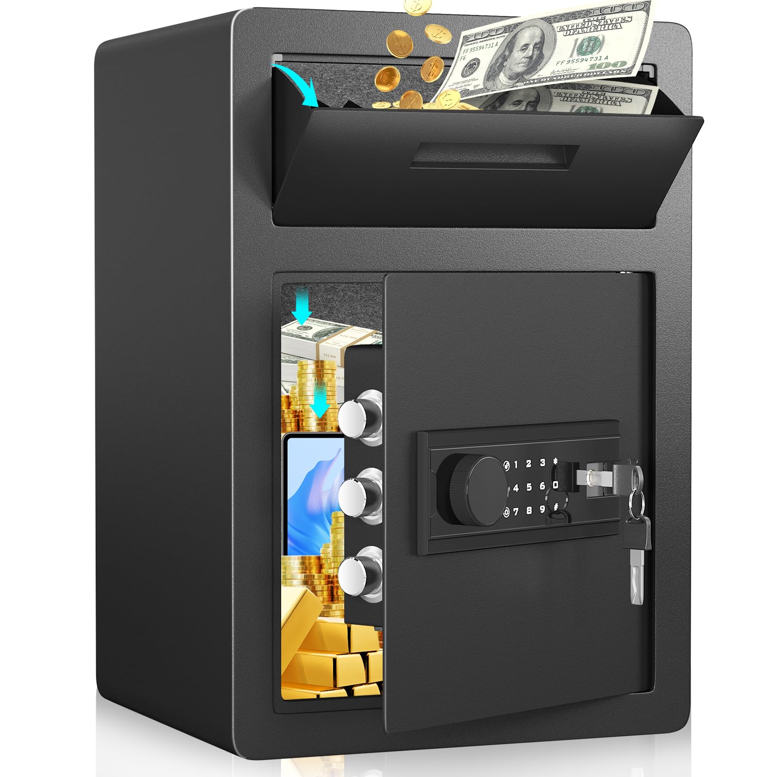 VIAWELL 金庫 家庭用 55L 2 in1スロットビジネス 小型 電子金庫 防犯箱 耐火 テンキー式 店舗用 業務用 会社用 貯金箱 ライト ダブルアラーム機能 緊急キーでロック解除 LED ライトとミュート機能 現金 ジュエリー 貴重品 保管庫 床|湖南オンライン