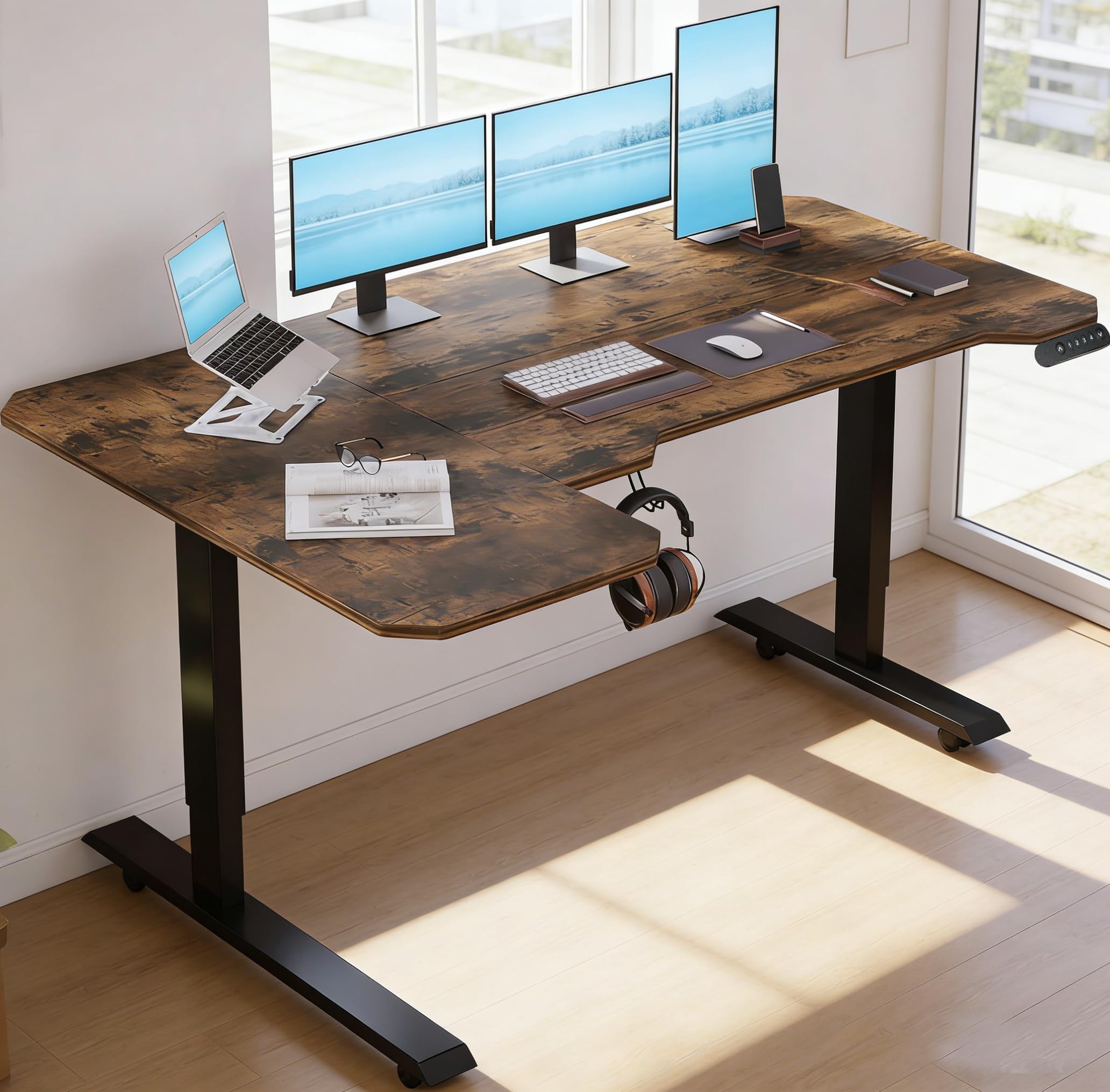 スタンディングデスク L字 昇降デスク Radlove 電動昇降式パソコンデスク 幅150cm*奥行101cm ゲーミングデスク 机 コーナー 高さ 69~115CM メモリー機能付き オフィス ワークテーブル 食事 学習/オフィス 勉強机 耐荷重80kg|湖南オンライン