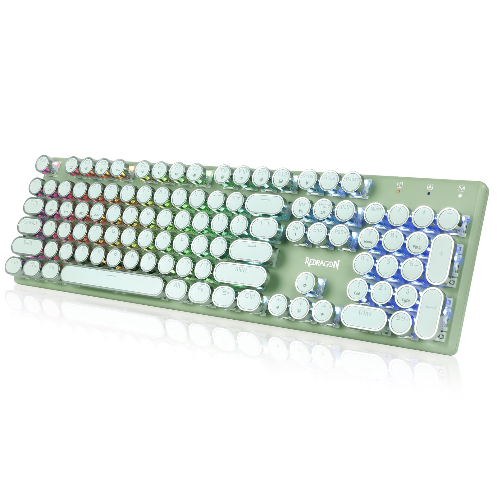 Redragon K710 タイプライター風キーボード ワイヤレス 青軸 英語配列 BT /2.4GHz /USB-C有線 メカニカル クリッキー フルサイズ RGBバックライト 充電式 メタルパネル パソコン用キーボード ゲーミング テレワーク（ グリー